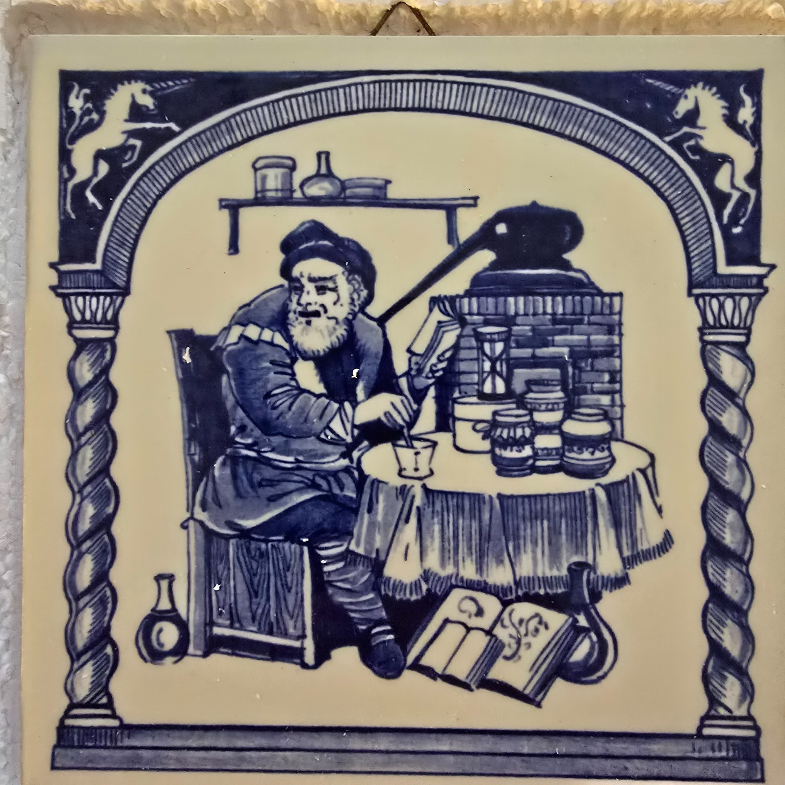 9x Vintage 1980s Delft Holland Burroughs Welcome Apothecary Crest Tiles, 6″ x 6″
