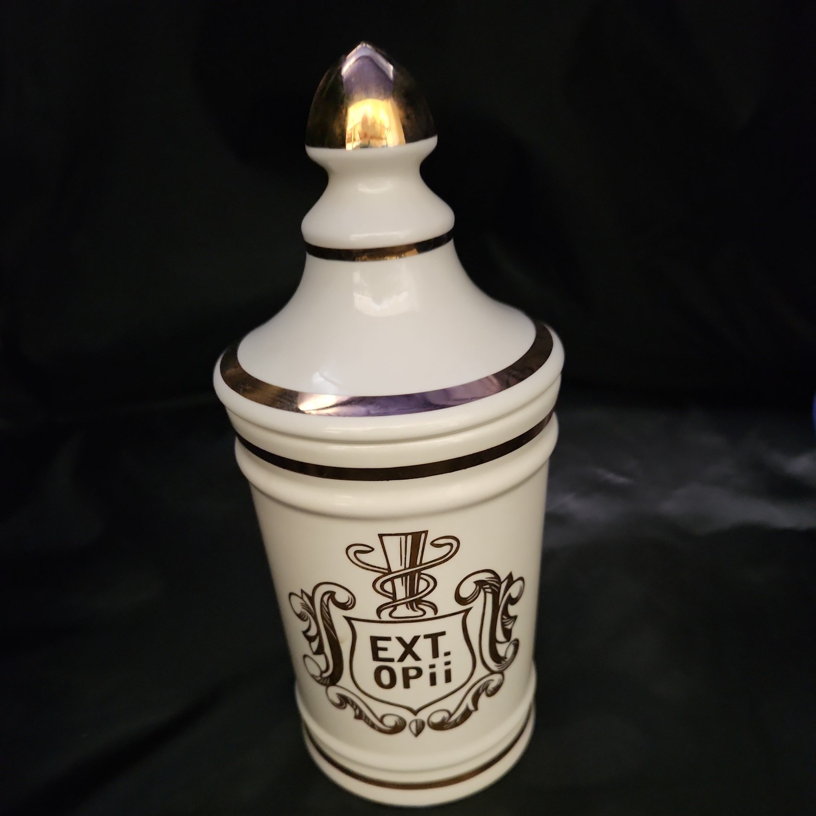 Vintage Pharmacy EXT OPii Canister Jar w/ Lid-Cream & Gold Trim-Owens Glass IL