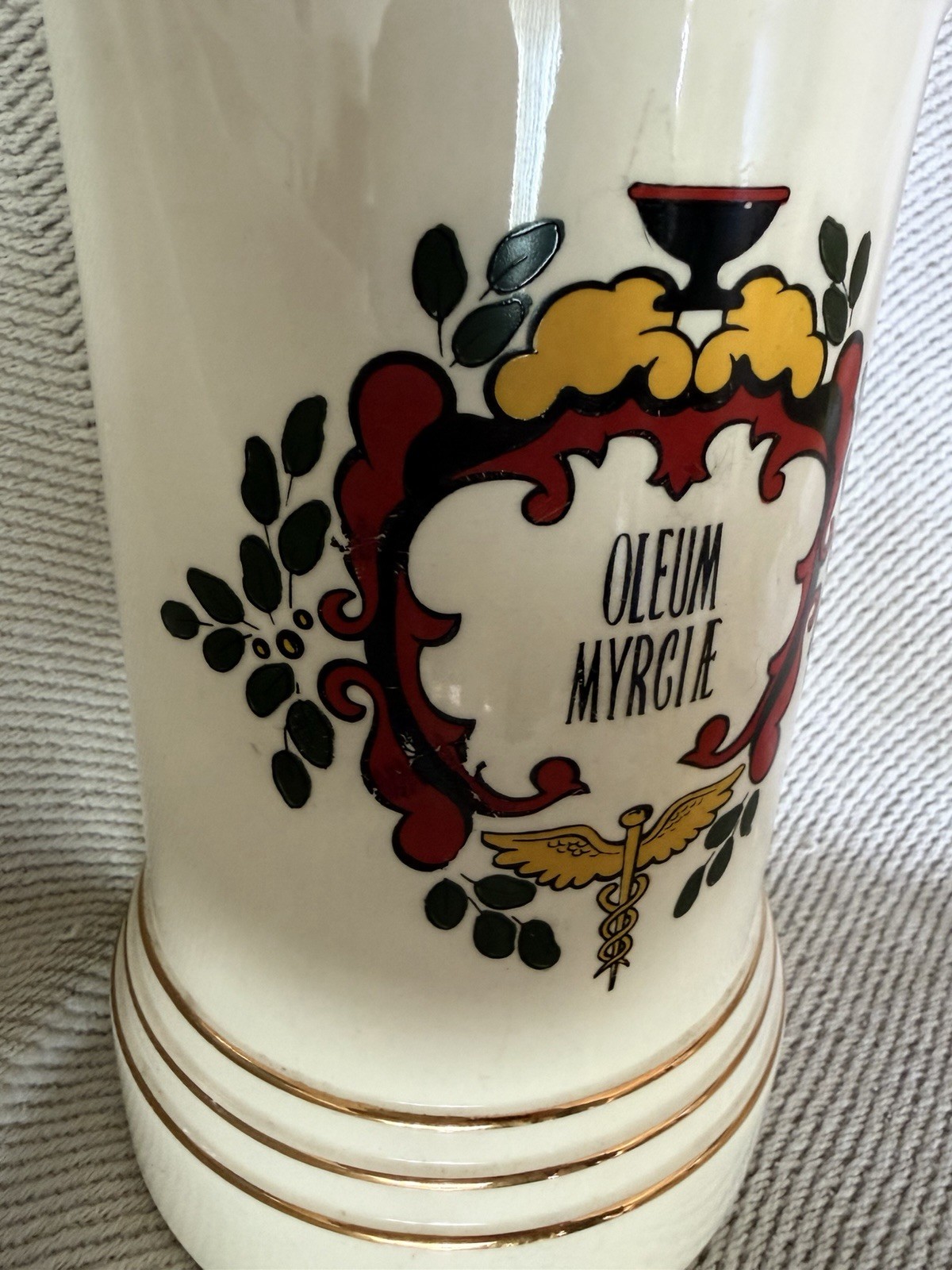 VINTAGE APOTHECARY MEDICINE PHARMACY DRUGSTORE JAR “BLAIR POTTERY” Oleum Myrcae