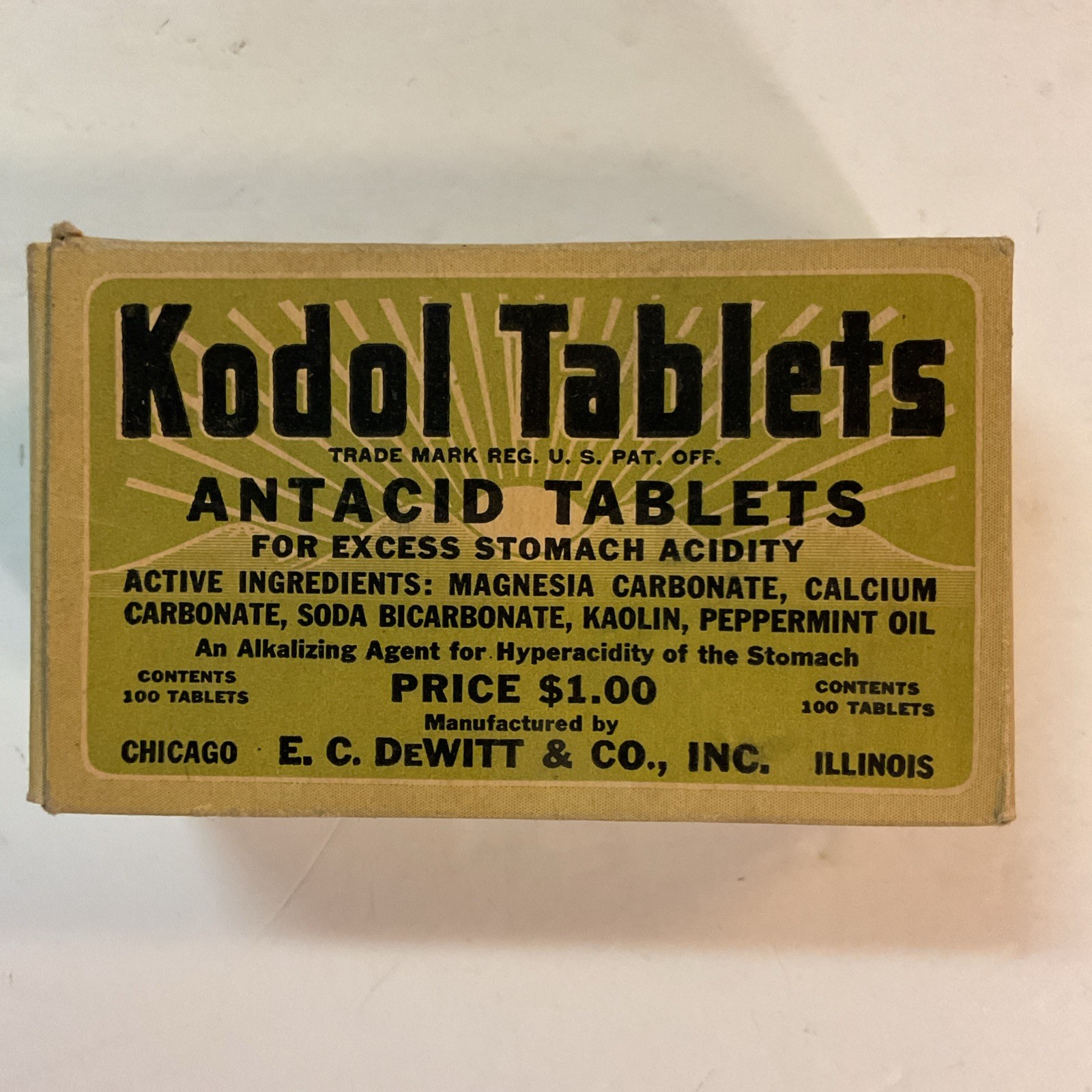 DeWitt’s KODOL TABLETS. Vintage Pharmaceutical, box of 100 tablets. Unopened.