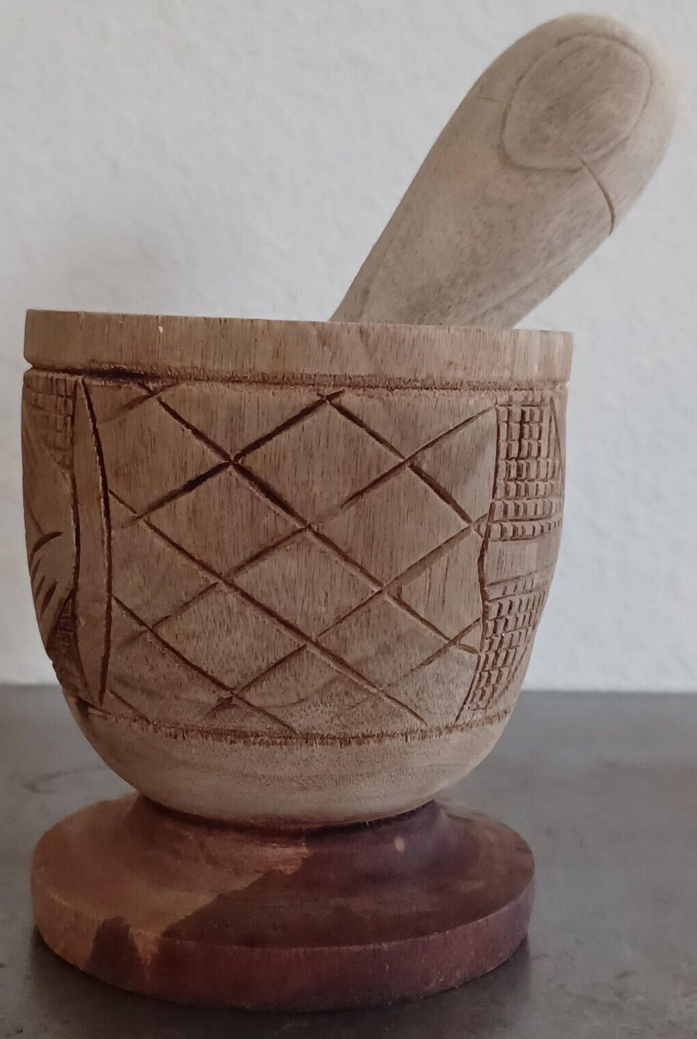 Hand Carved Wood Footed Mortar And Pestle Apothecary Grinder 4.5″ Tall Vintage