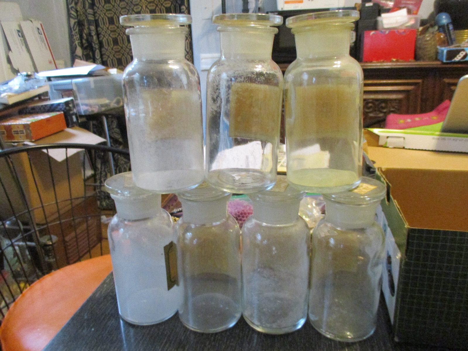 7 Antique Apothecary Jar Drug Store Medicine Chemistry Stopper Bottles Label TCW