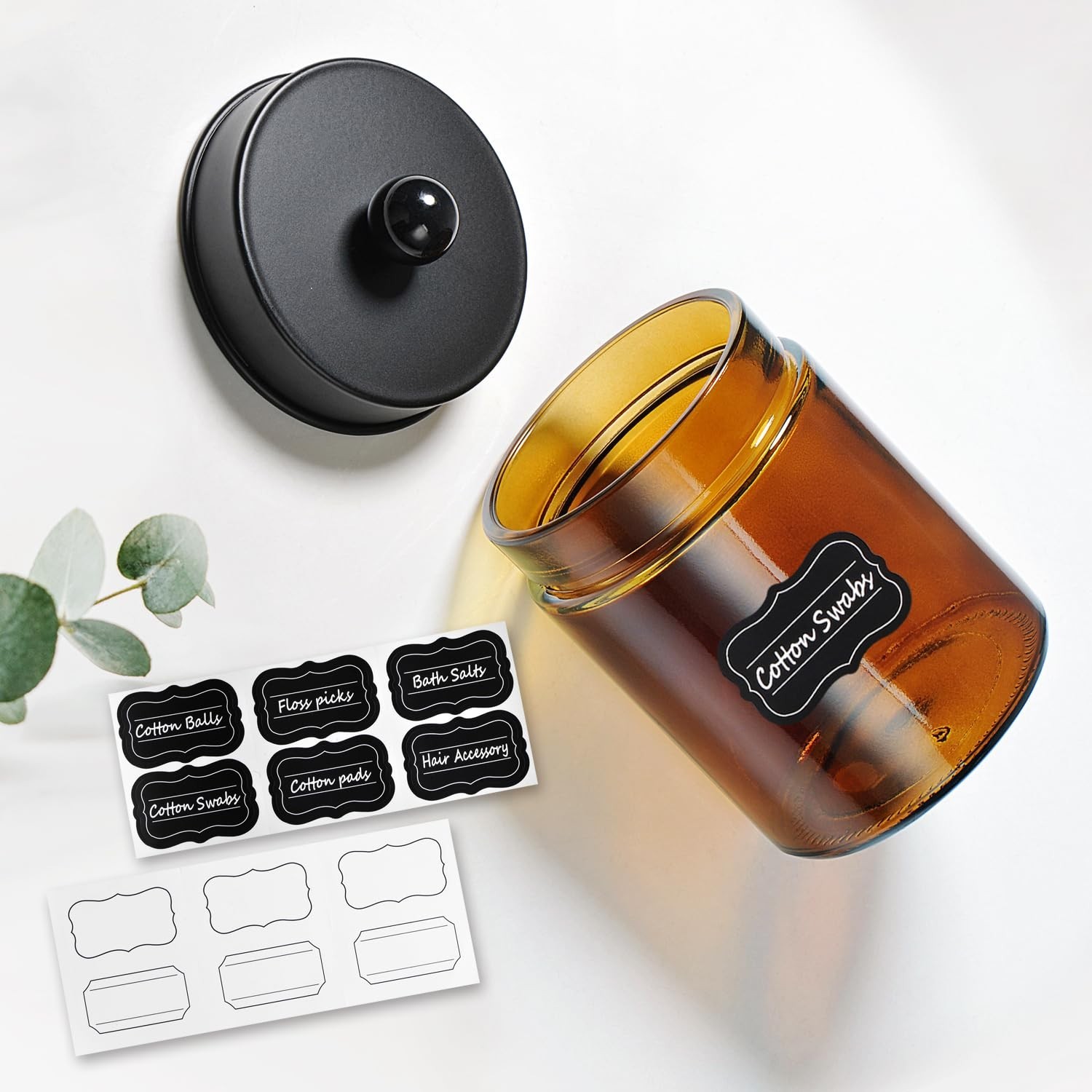 Amolliar Amber Glass Qtip Holder, Apothecary Jars with Matte Black Metal Lid …