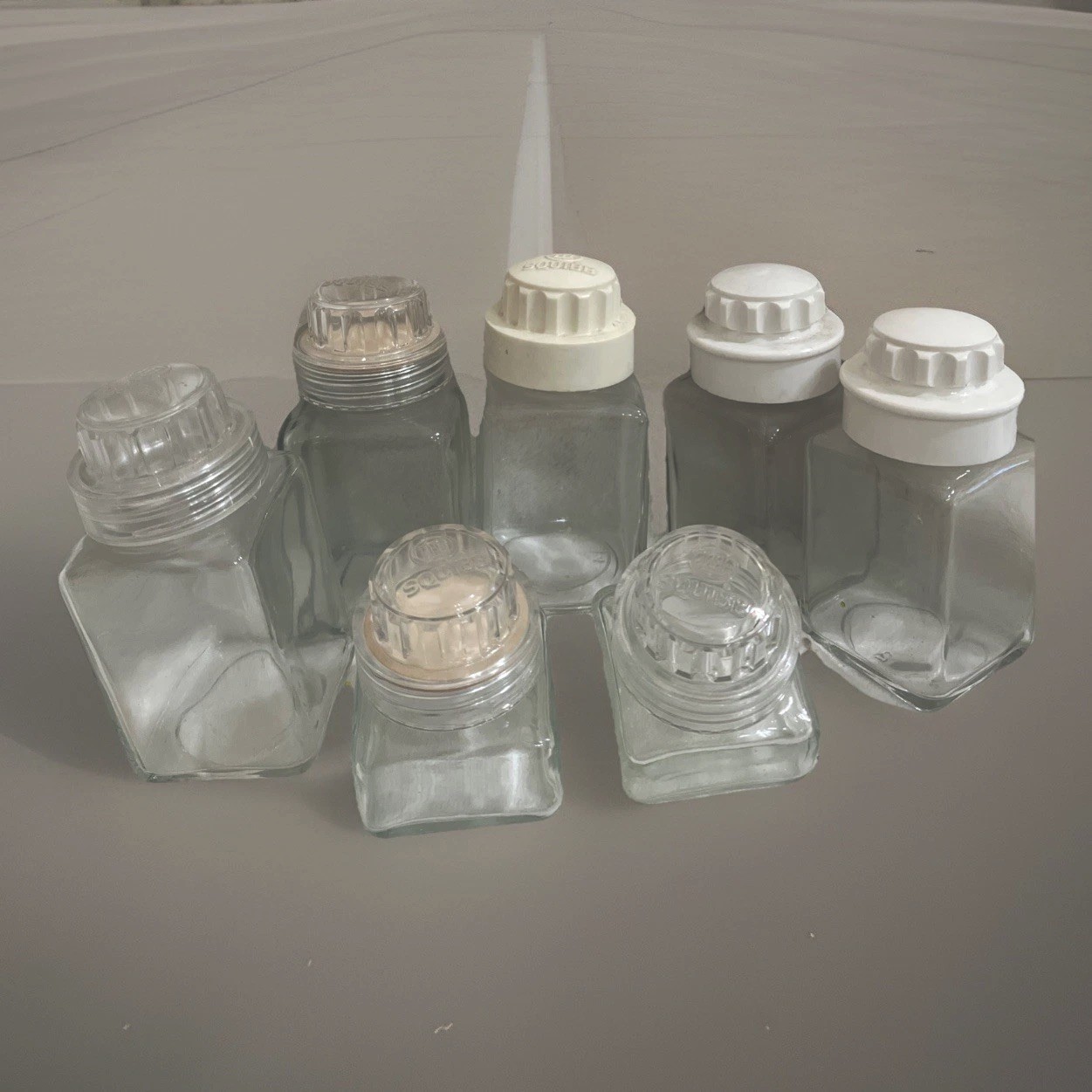 SQUIBB Pharmaceutical Vintage Square Medicinal Apothecary Clear Glass Bottle 7PC