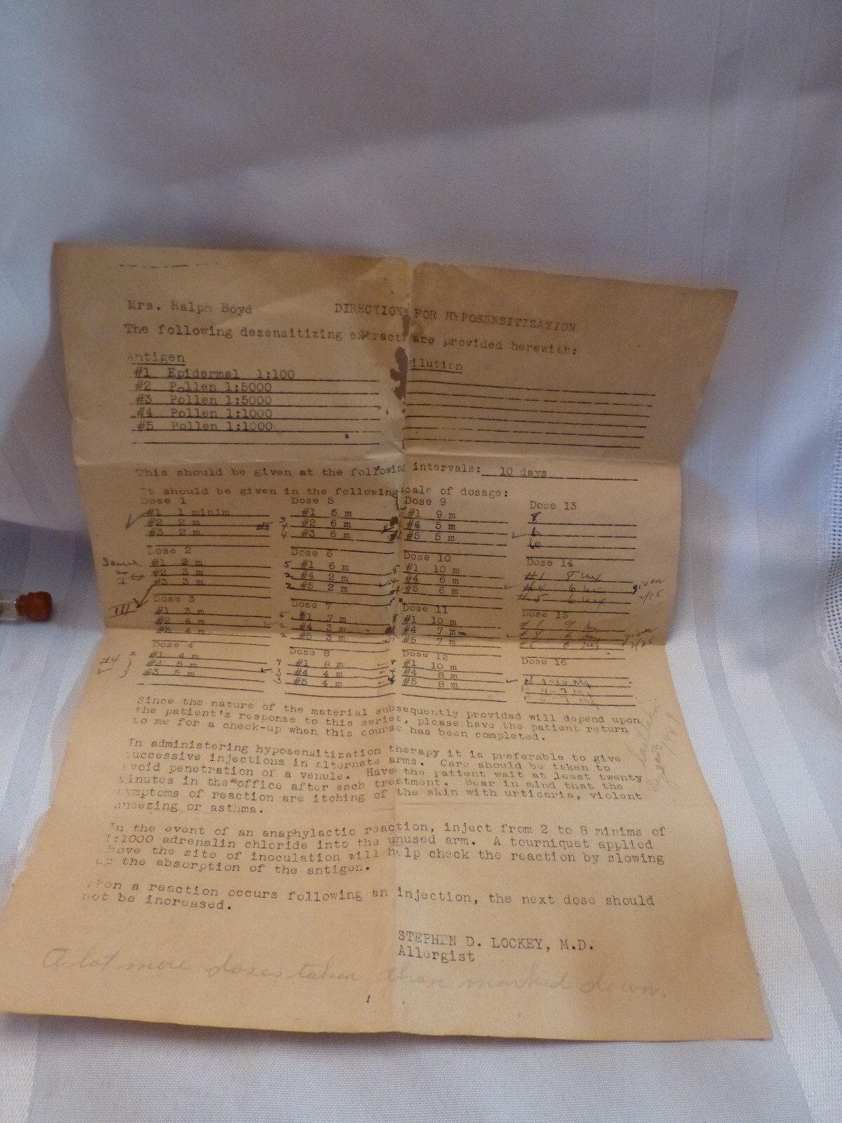 Five Pharmaceutical/Syringe Vials Var. Sizes 1940’s Instruction Letter by Doctor