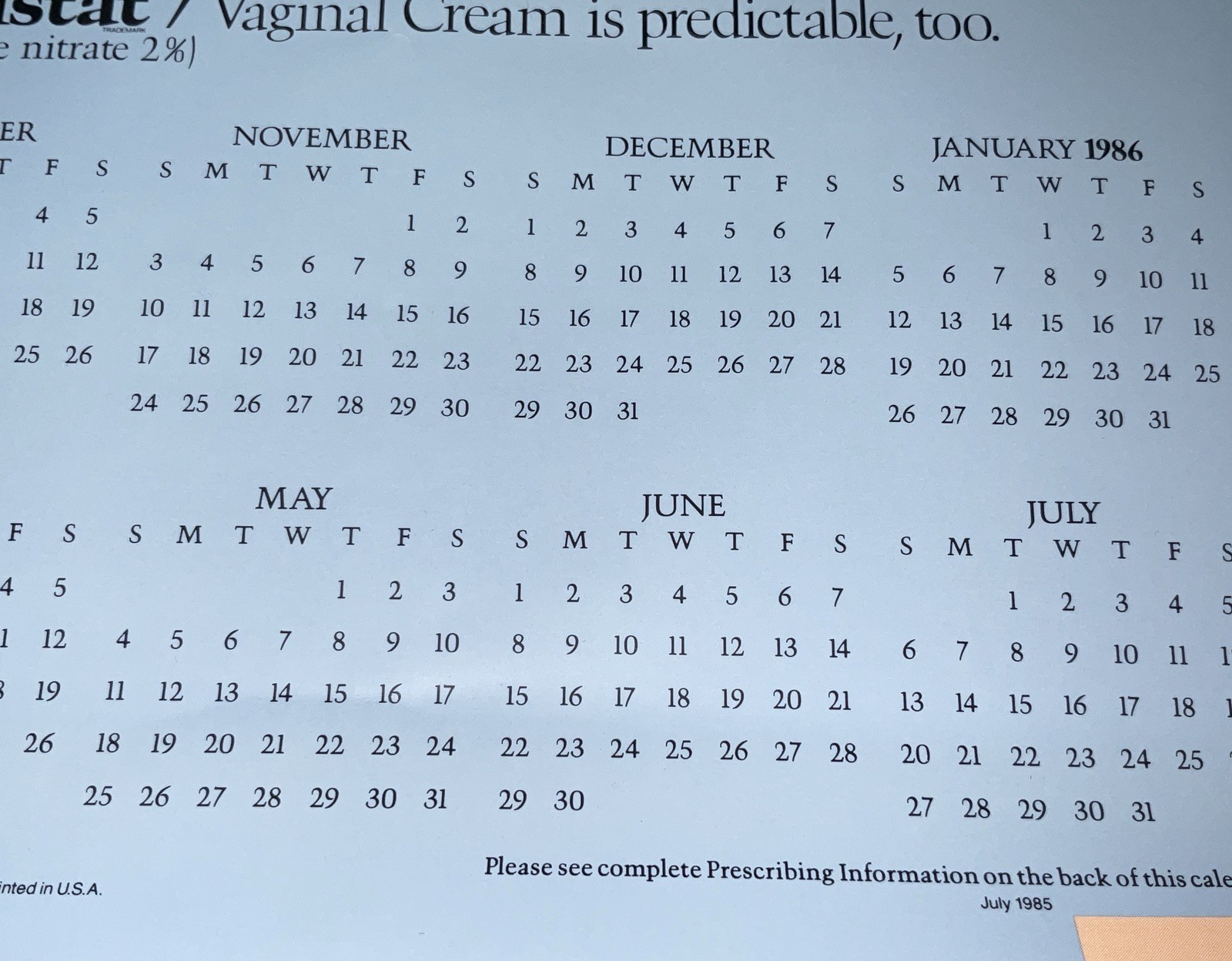 1985 Monistat 7 Vaginal Cream Calendar Ortho Pharmaceutical Co. New W/Box 12×18