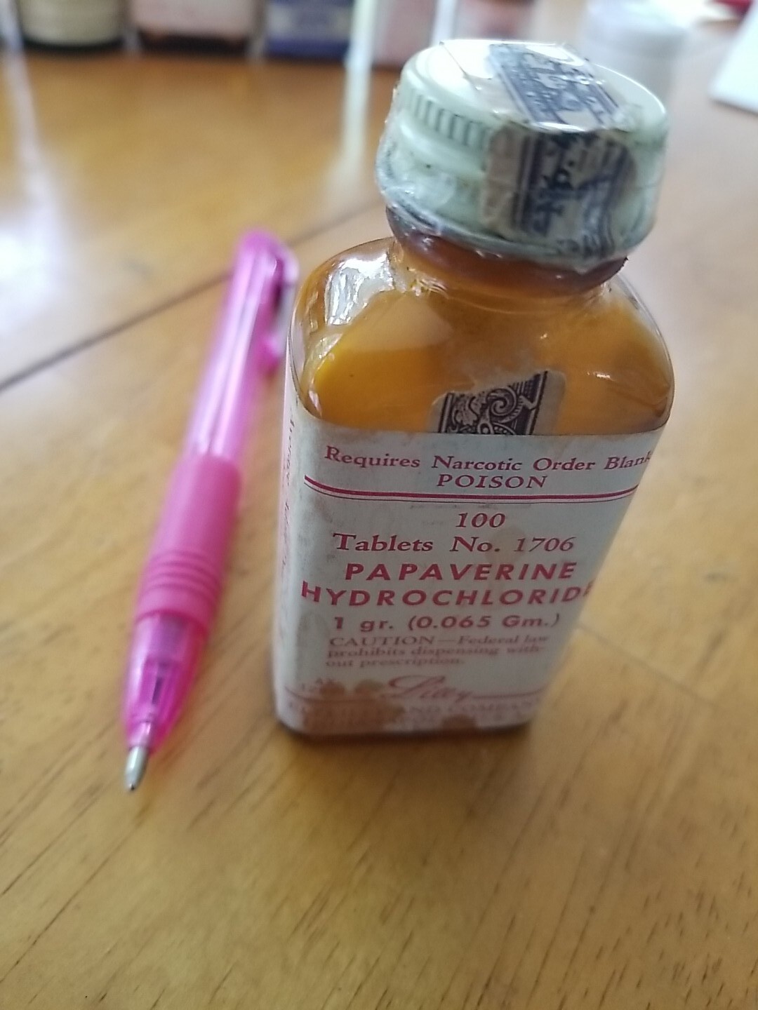 100 Tablet PAPAVERINE Empty Bottle Dispensing 1960s Narcotic Lilly Poison