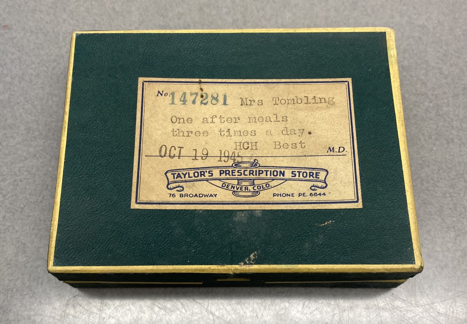 Vintage 1945 Cardboard Prescription Pill Medicine Box Taylors Pharmacy Denver Co