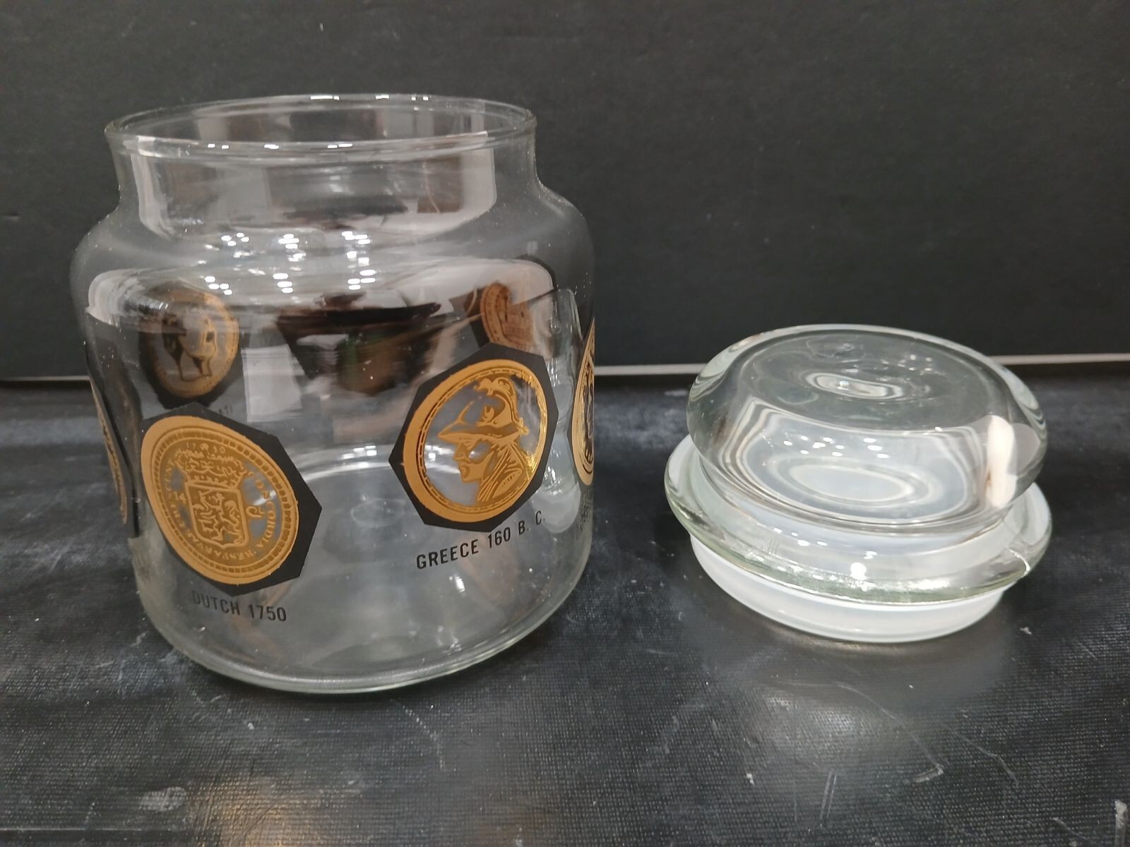 RARE Vintage Gold & Black Apothecary Jelly Bean Jar “Coins Around the World”