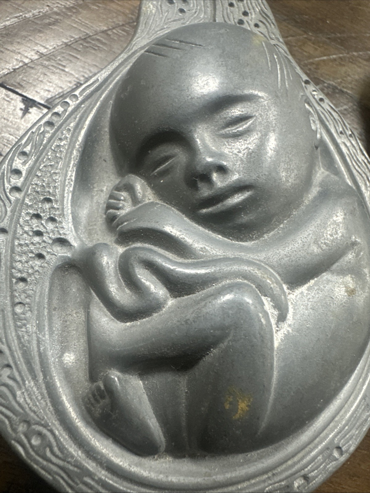 2 Parke-Davis TABRON 1950s Vintage Pharmaceutical Pewter Fetus Paperweight VGC