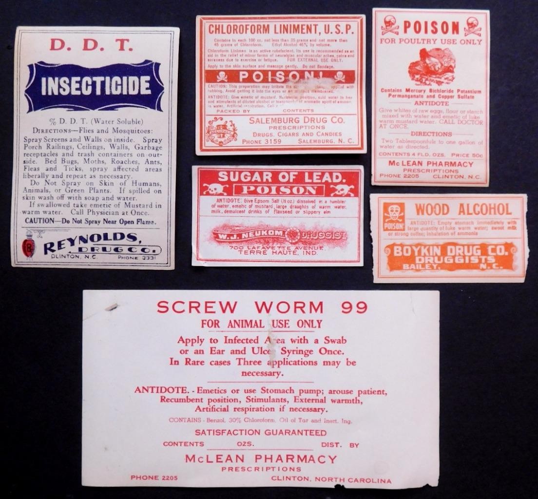 Original Poison Pharmacy Labels Human/Animal DDT Wood Alcohol Sugar of Lead s1-1