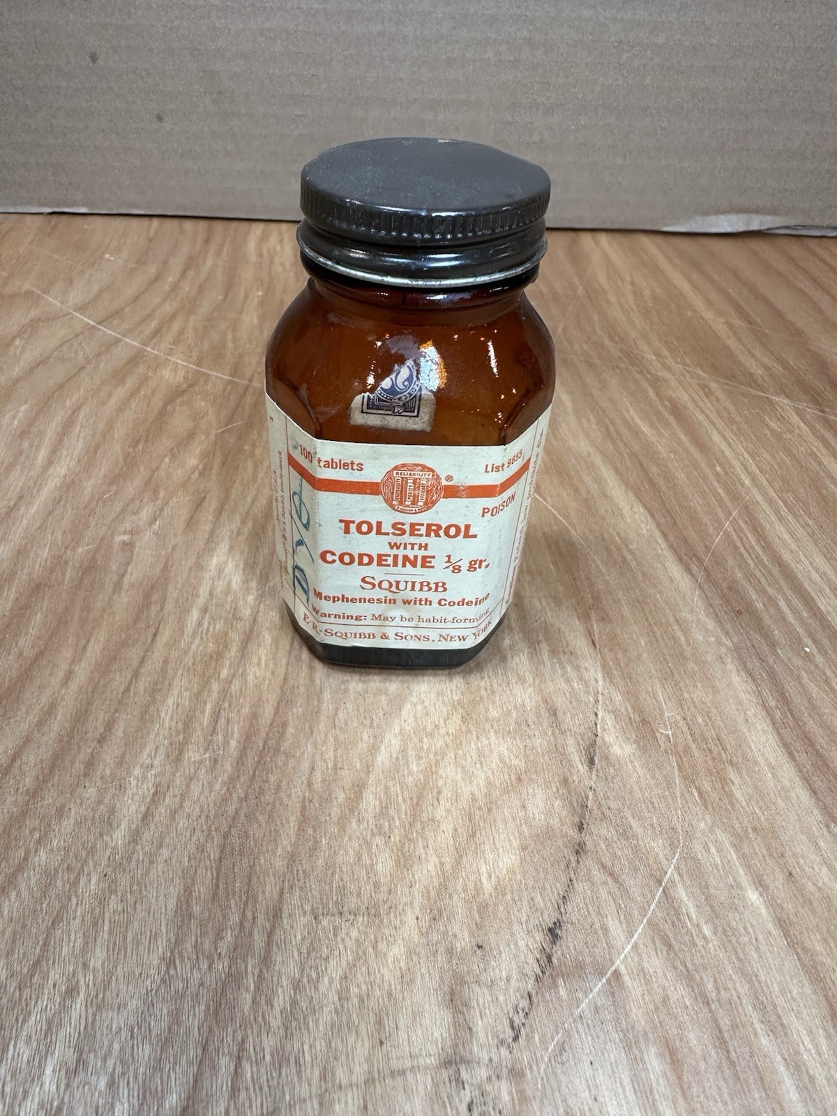 Vintage Pill Bottle Tolserol With Codeine Empty Bottle Narcotic Squibb 100