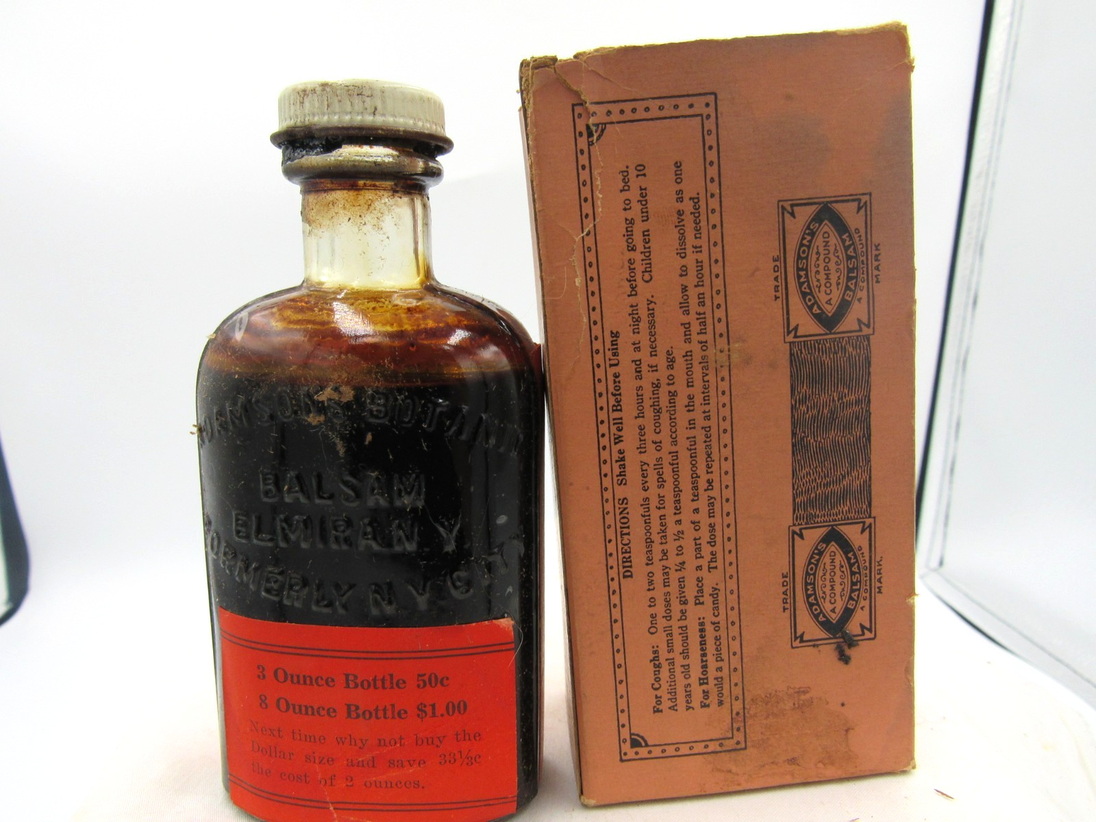 BW – 1930s Adamson’s Balsam Elmira NY 4 5/8 ” Medicine bottle Box No 2