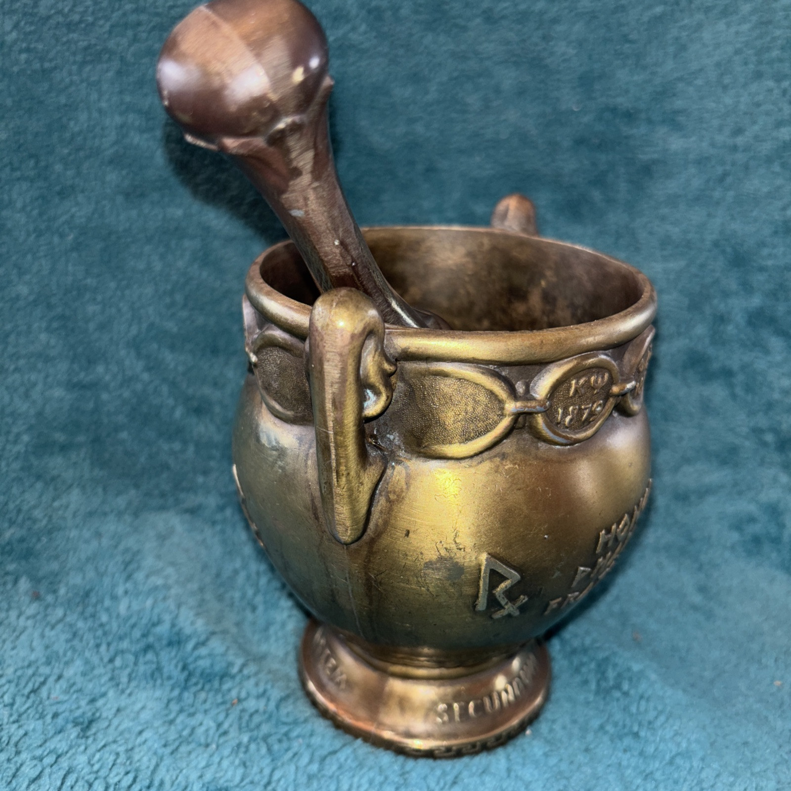Vtg Heavy Brass Schering 5” Mortar & Pestle Coricidin Pharmacy Fraternities #OO