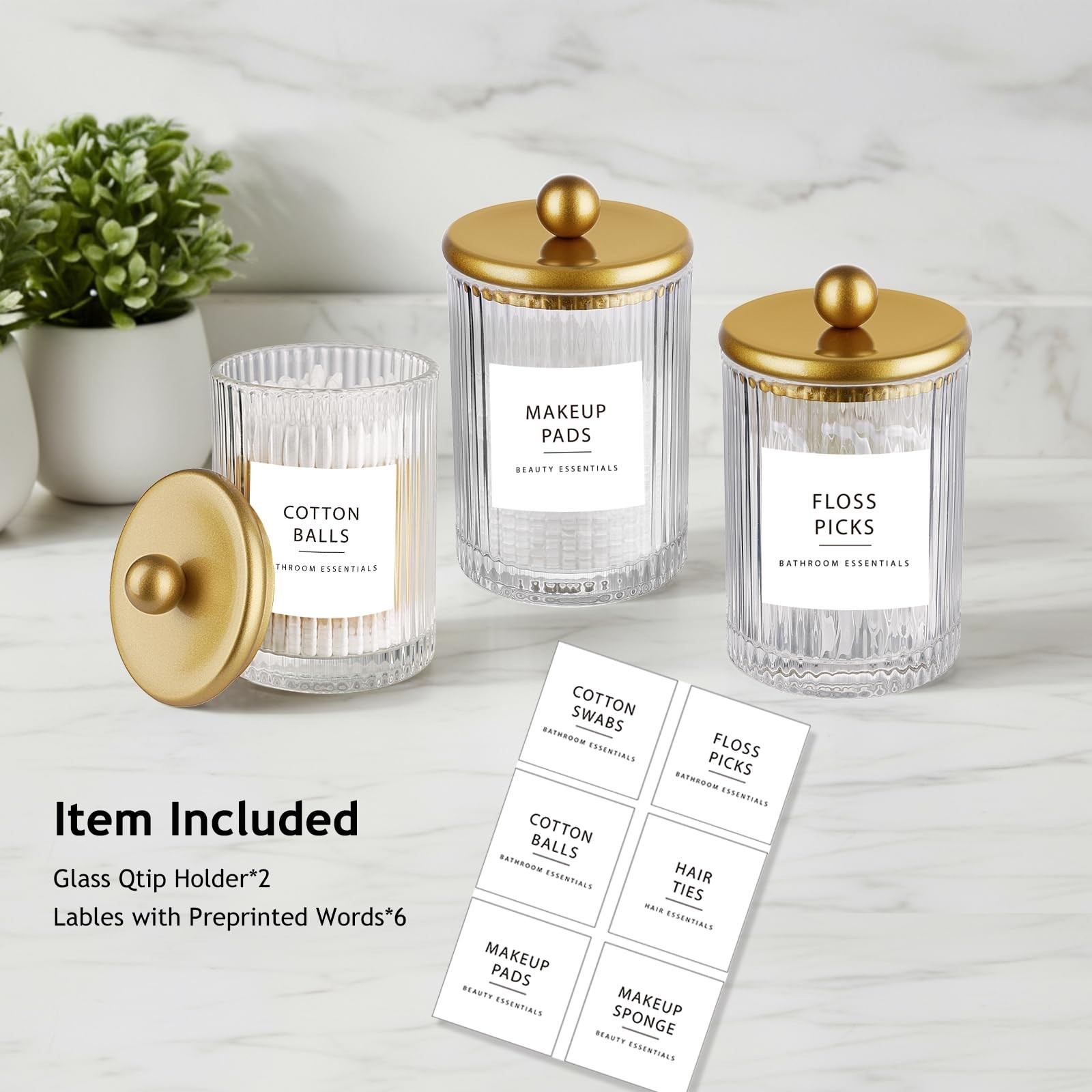 SheeChung 2-Pack Gold Ribbed Glass Qtip Holder – Apothecary Jars Bathroom Org…