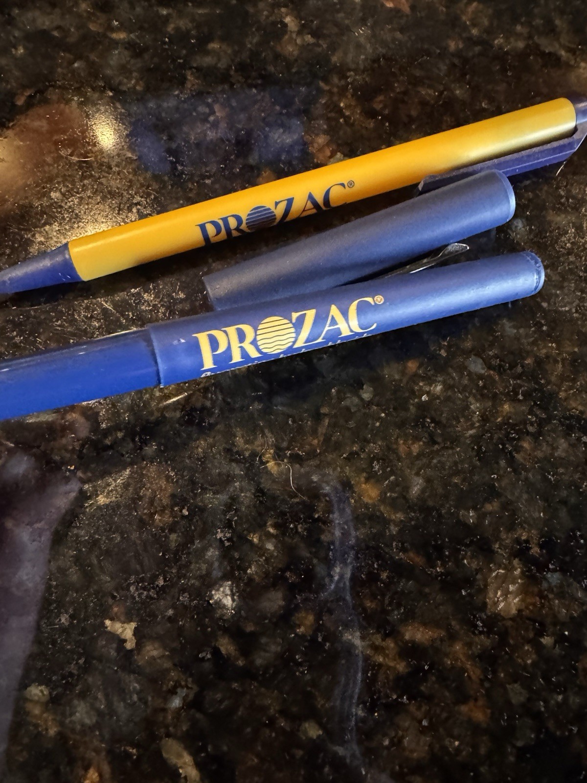 Vintage Lot Of 2 PROZAC FLUOXETINE HCL Pharmaceutical Drug Rep Pens Blue Yellow