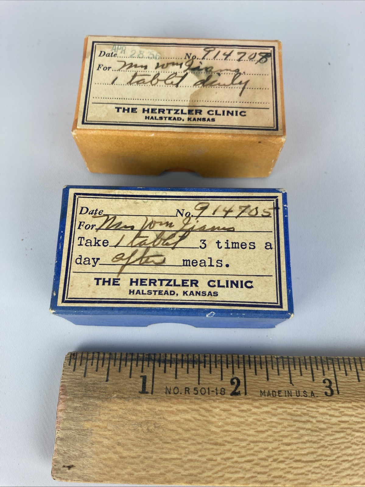 2 x Vintage Hertzler Clinic Prescription Pill Box Cardboard Paper Rx Pharmacy