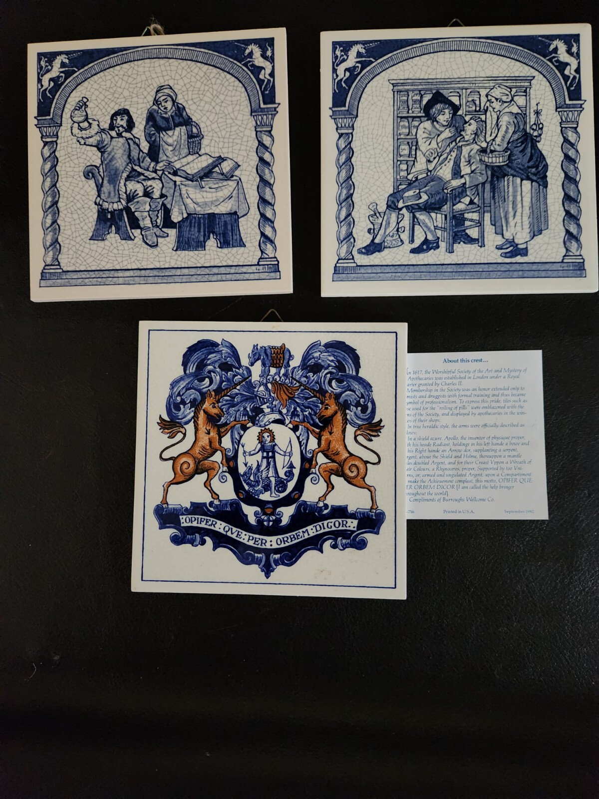 Vintage Set Of 3 Blue Delft Holland Handmade Pharmacy Tiles