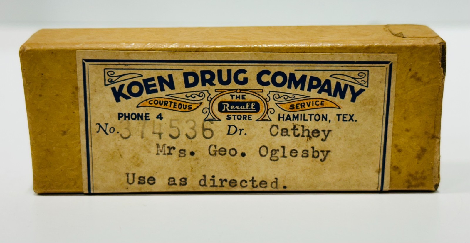 Vintage Rexall Advertising Box Koen Drug Co Hamilton, Tx collectible medicine