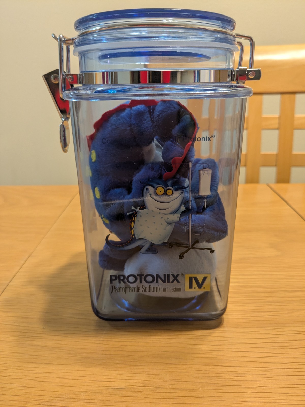 PROTONIX IV Pharmaceutical DRUG REP Clear Blue Plastic Canister With Rare Plush