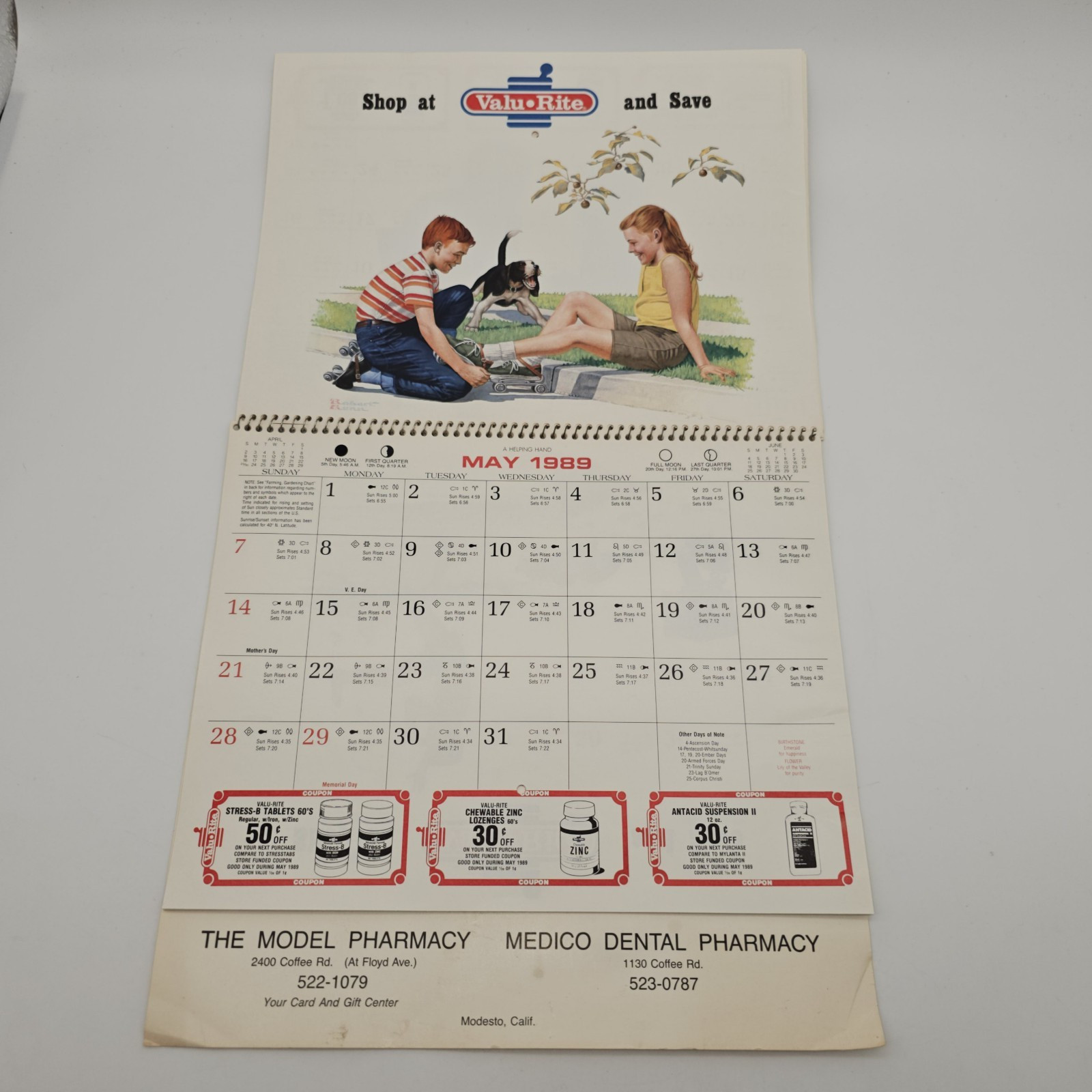 VTG 1989 Valu•Rite Calendar MODESTO, CA The Model Pharmacy Medico Dental COUPONS