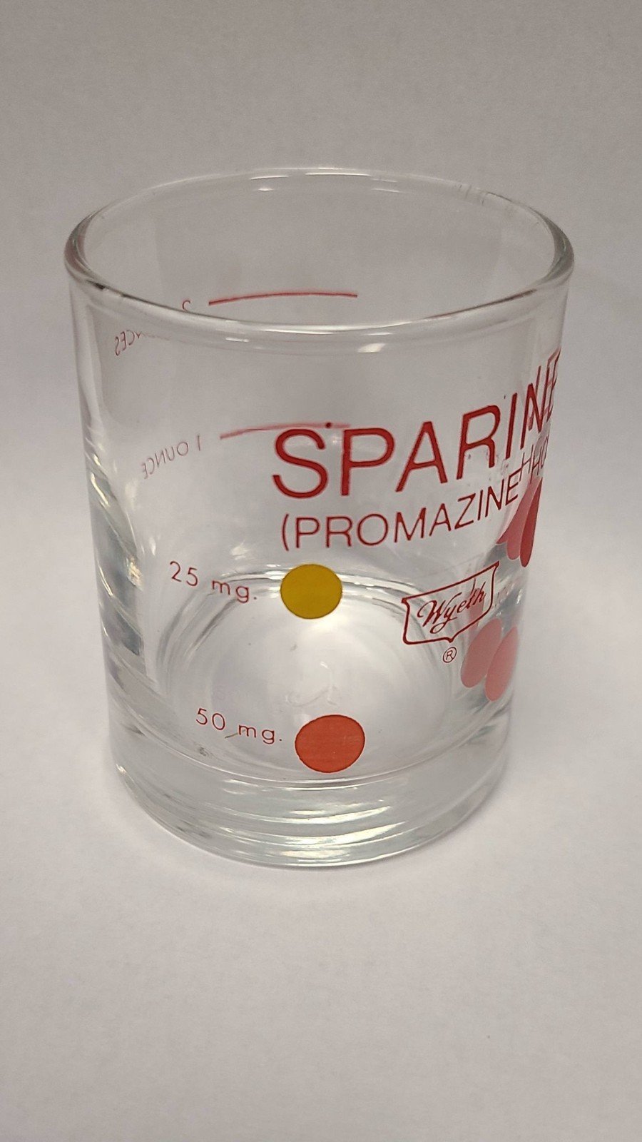 SPARINE WYETH Shot Glass Measuring Cup Vintage Red Dots 2 oz