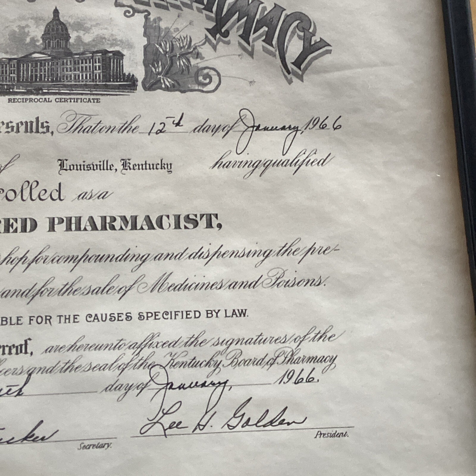 Kentucky Board Of Pharmacy (1966) Registered Pharmacist Certificate