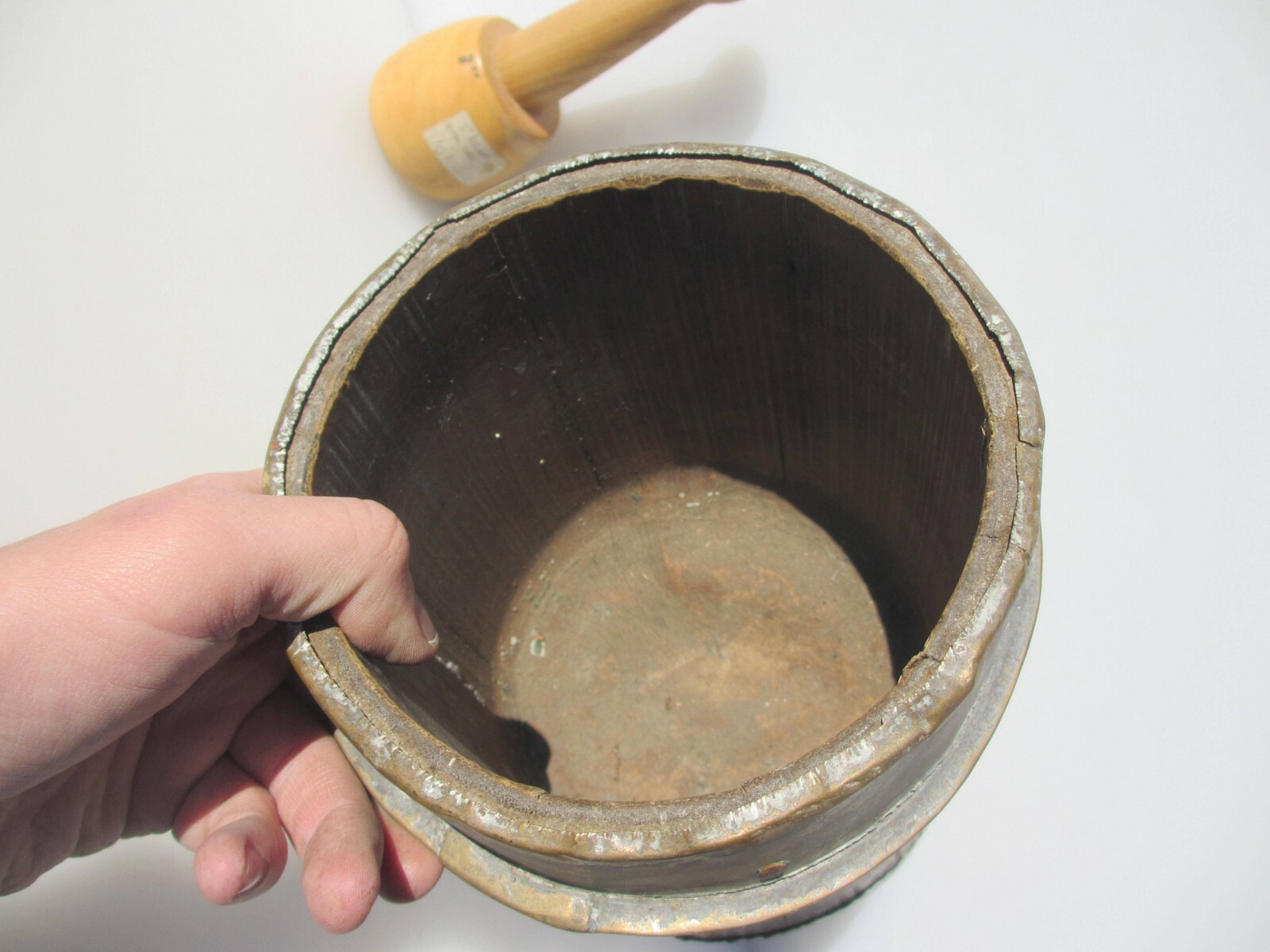 Antique Wooden Mortar and Pestle Barrel Brass Strap Vintage Old Wood French