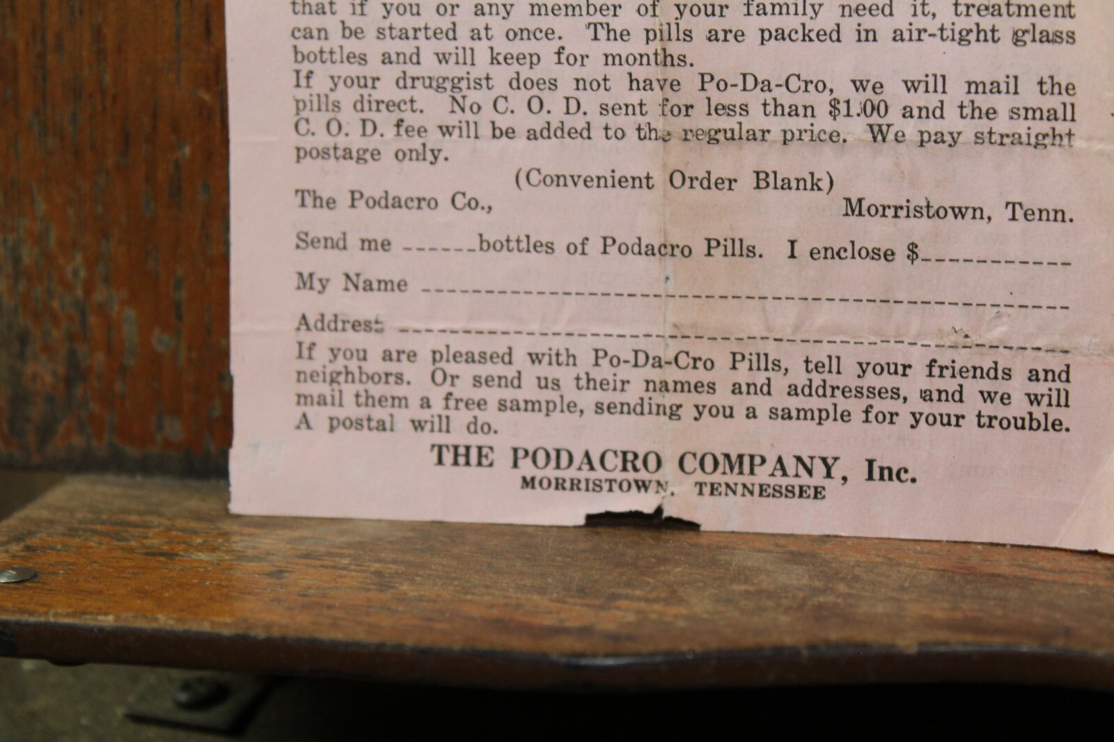 1930’s Order Blank Podacro Patent Medicine Morristown Tennessee
