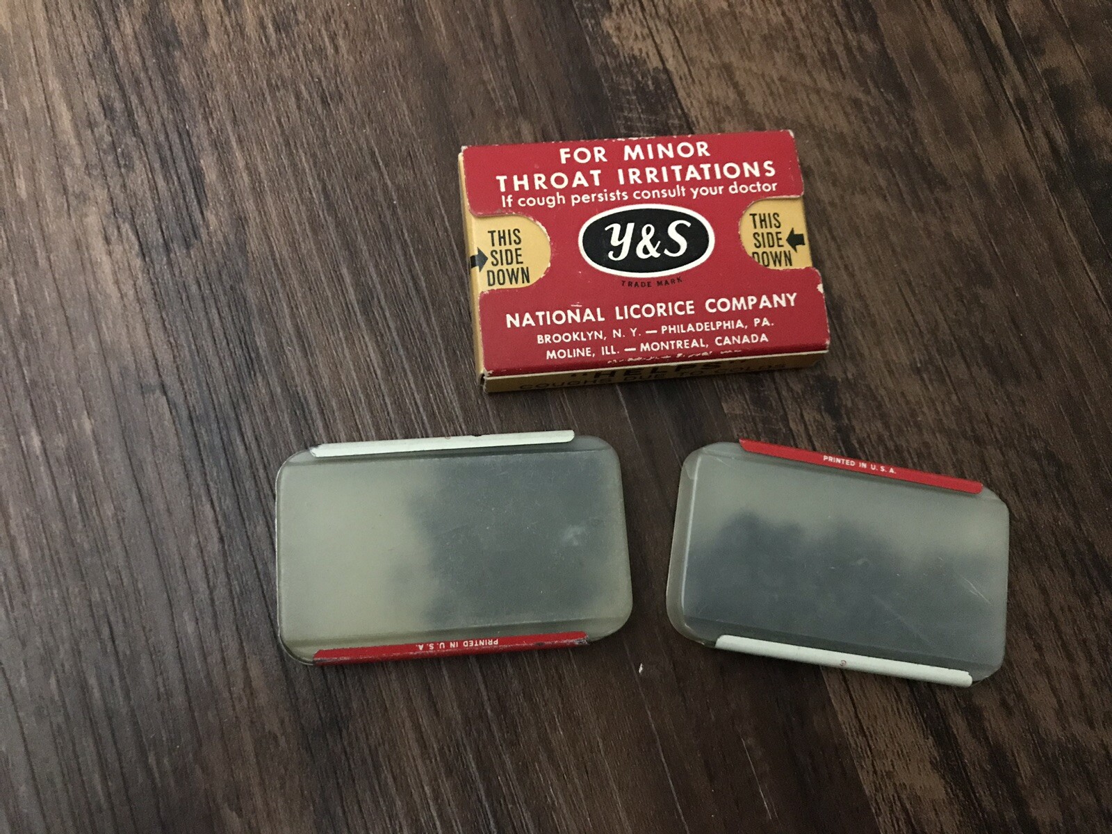 Vintage Helps 2 Metal Tins & Cardboard Box Cool And Soothe Throat