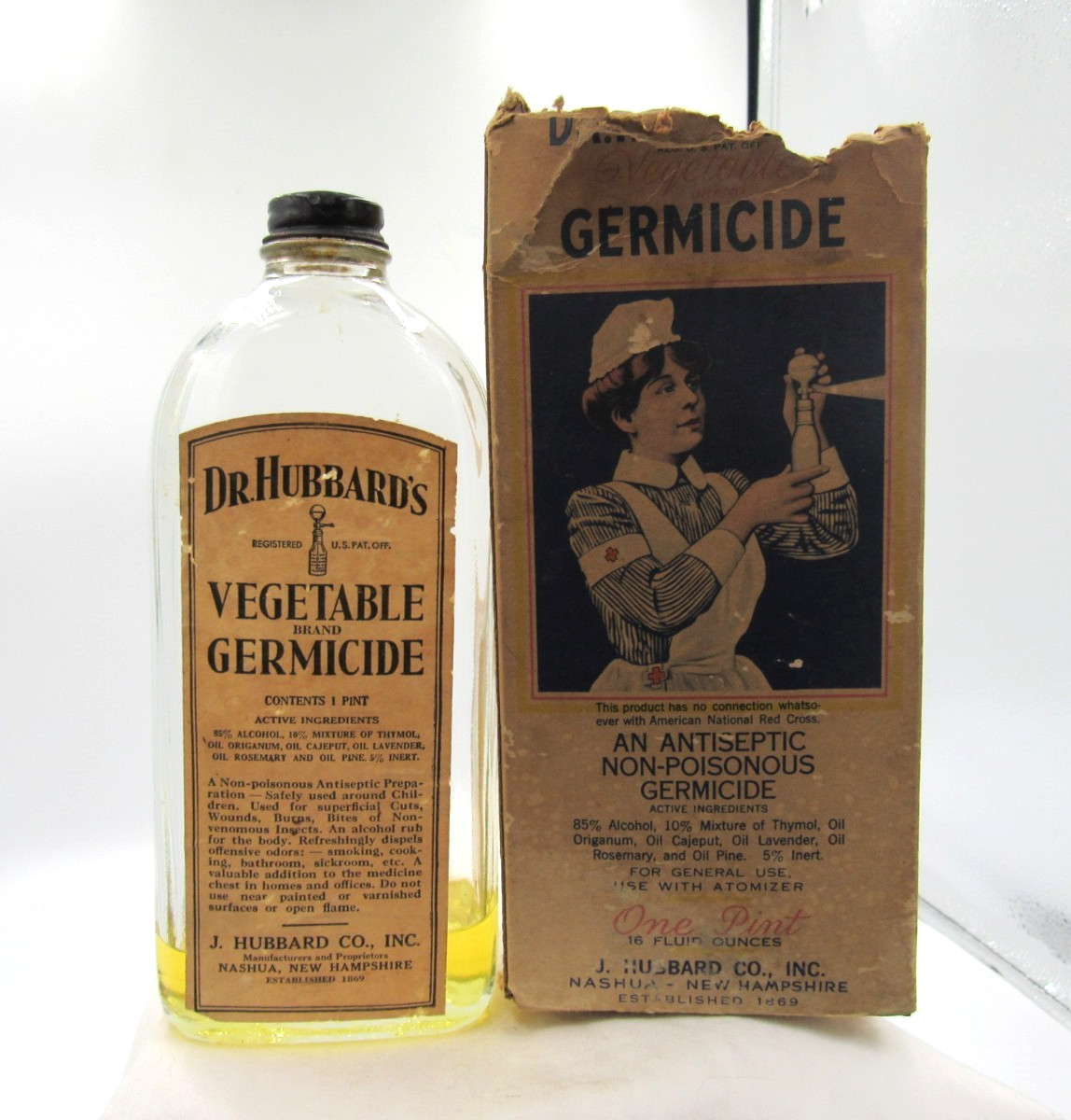 1940’s Dr Hubbard’s Vegetable Germicide Nashua NH 8 1/4″ Medicine bottle & Box