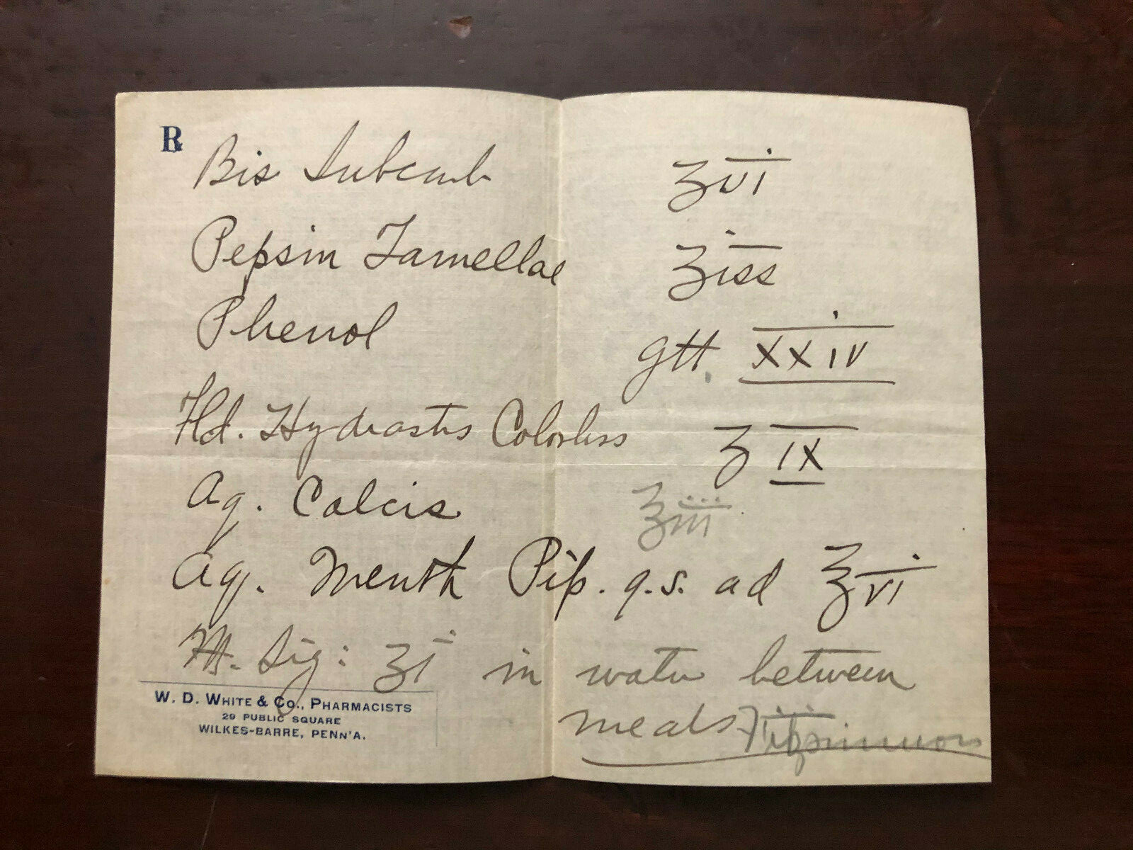 ANTIQUE W. D. WHITE & CO PHARMACISTS PUBLIC SQUARE WILKES-BARRE PA PRESCRIPTION