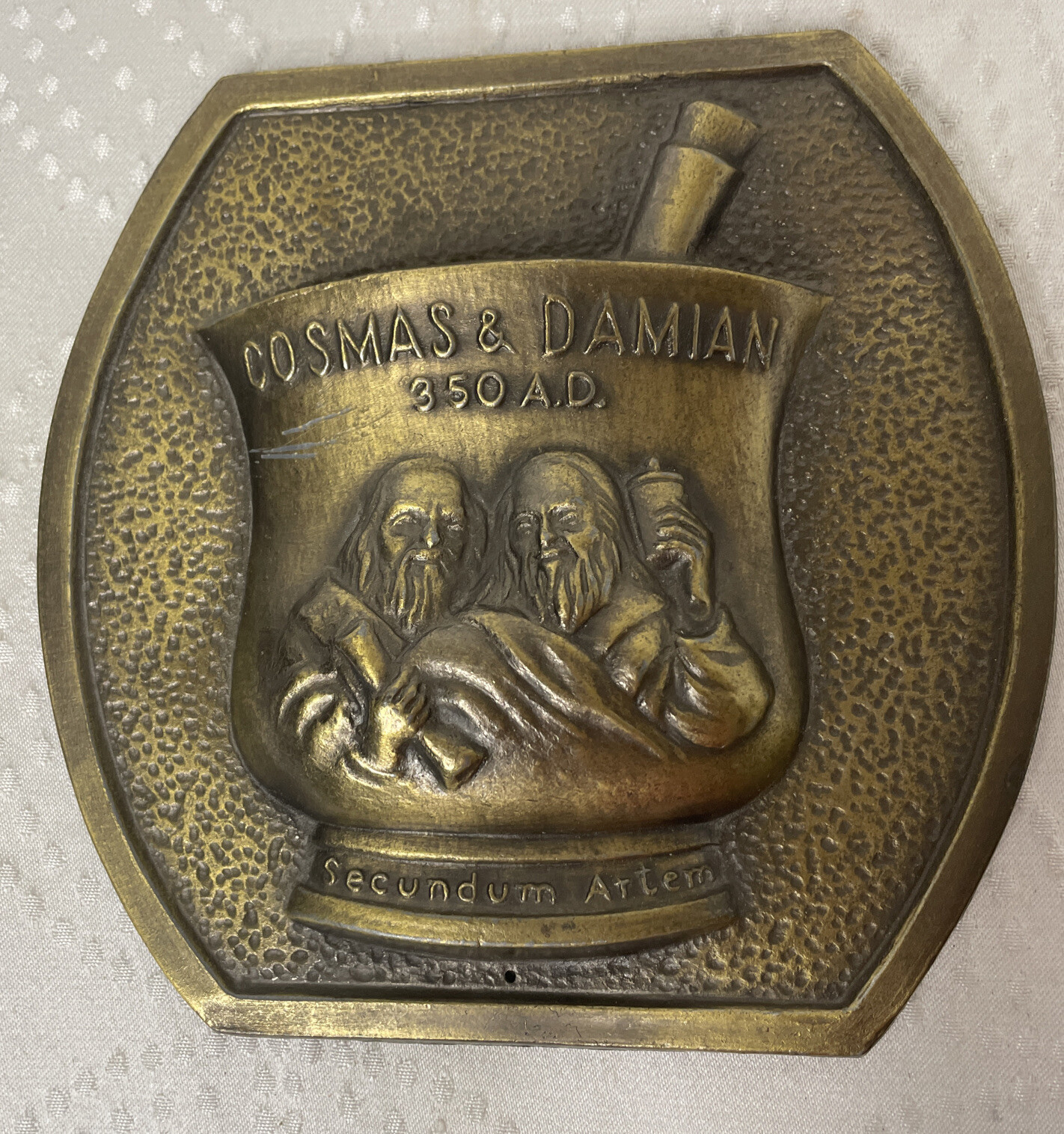 PHARMACEUTICAL PROMO 1980 Cosmas & Damian 350 AD Secundum Artem RX Brass Plaque