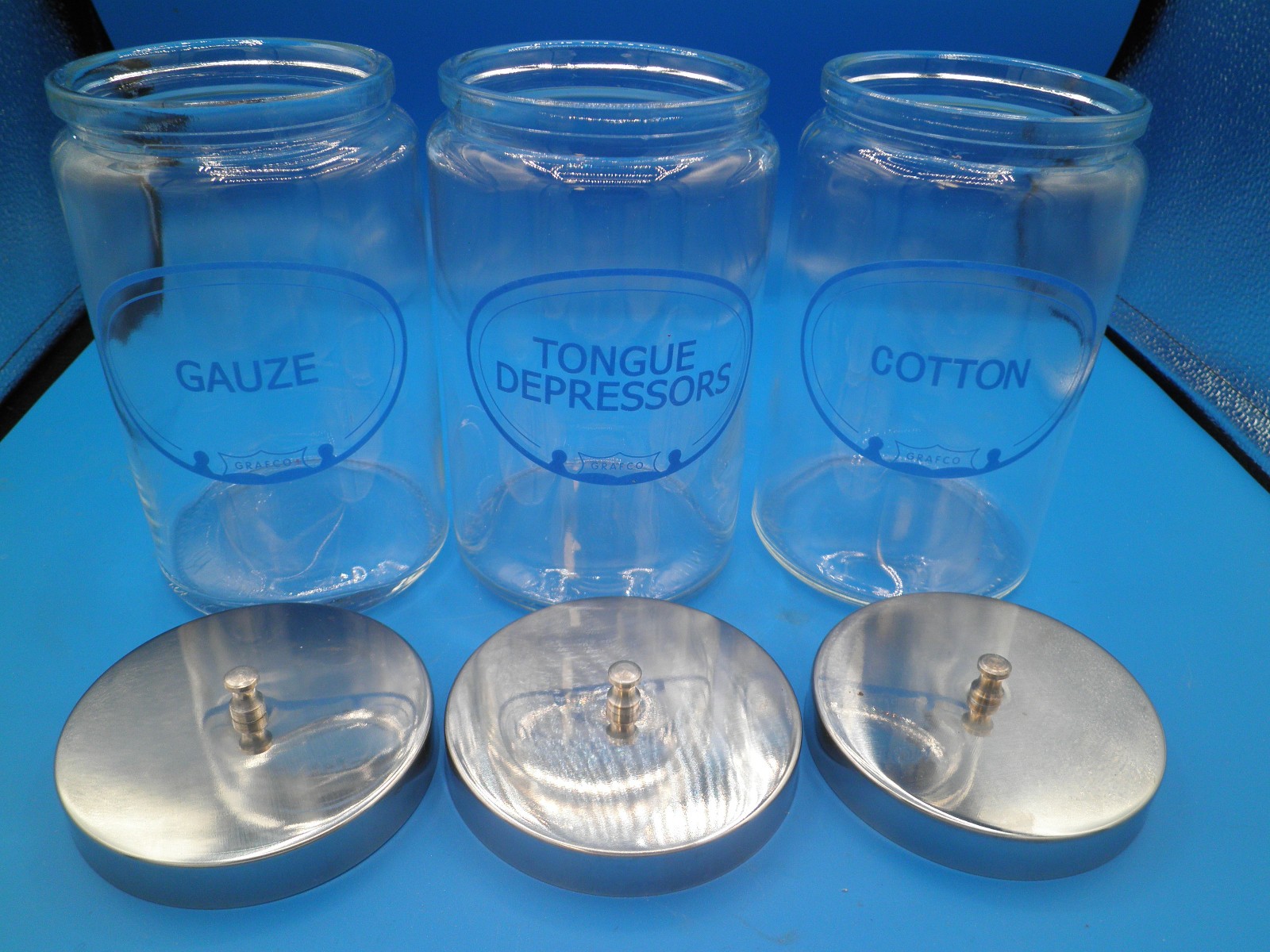 Grafco medical apothecary jars tongue depressors gauze applicators and lids