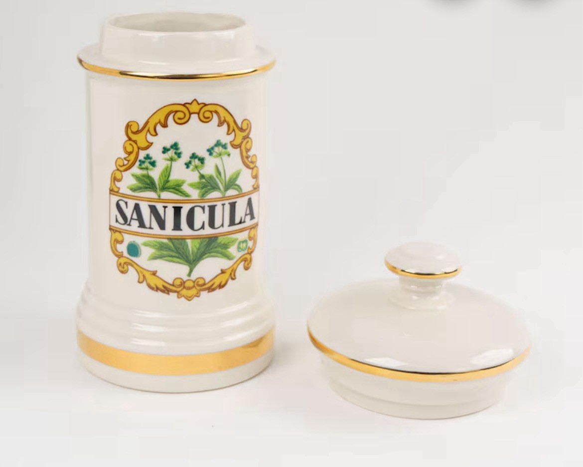 VINTAGE 1970’s SANICULA APOTHECARY JAR BOTANICAL PHARMACY CERAMIC POTTERY EUC