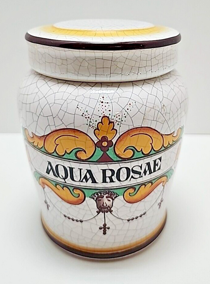 Aqua Rosae Apothecary Jar Western Germany Rose Water Lid Crackled Rare Vanity