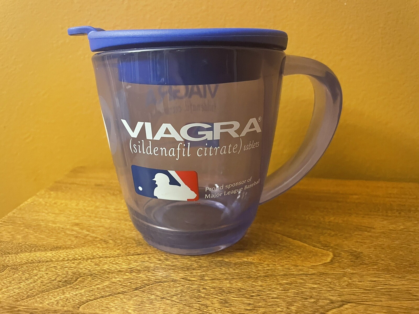 Viagra MLB Insulated Clear Blue Tinted Plastic Travel Coffee Mug Cup w/Lid Gift