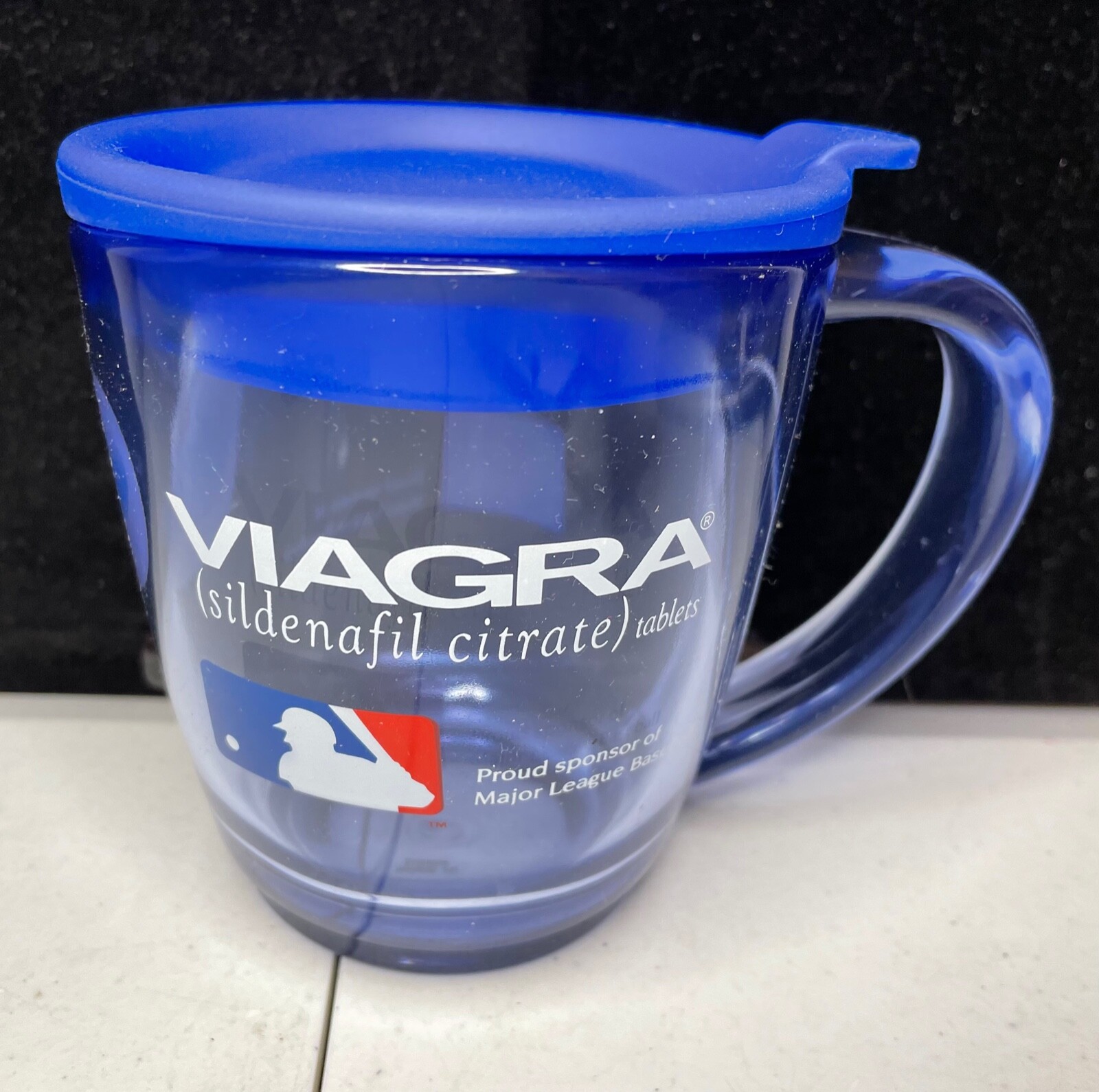 Viagra MLB Insulated Clear Blue Tinted Plastic Travel Coffee Mug Cup w/Lid