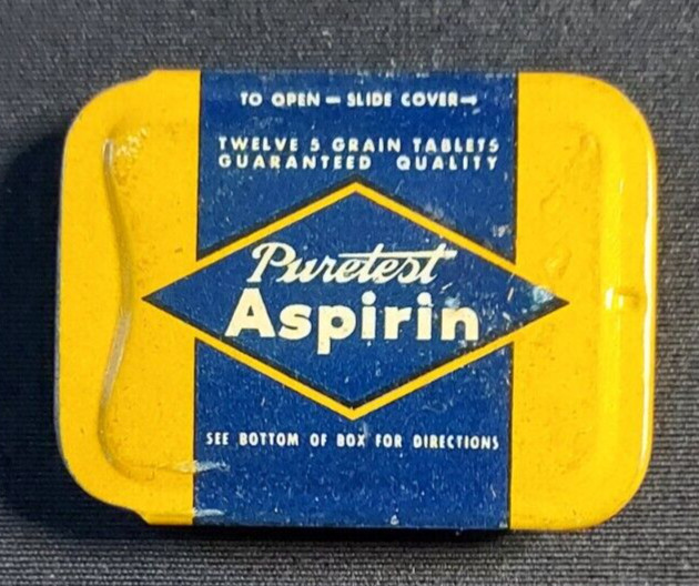 Old Empty Advertising Medicine Tin Puretest Aspirin Rexall United Drug Co Boston