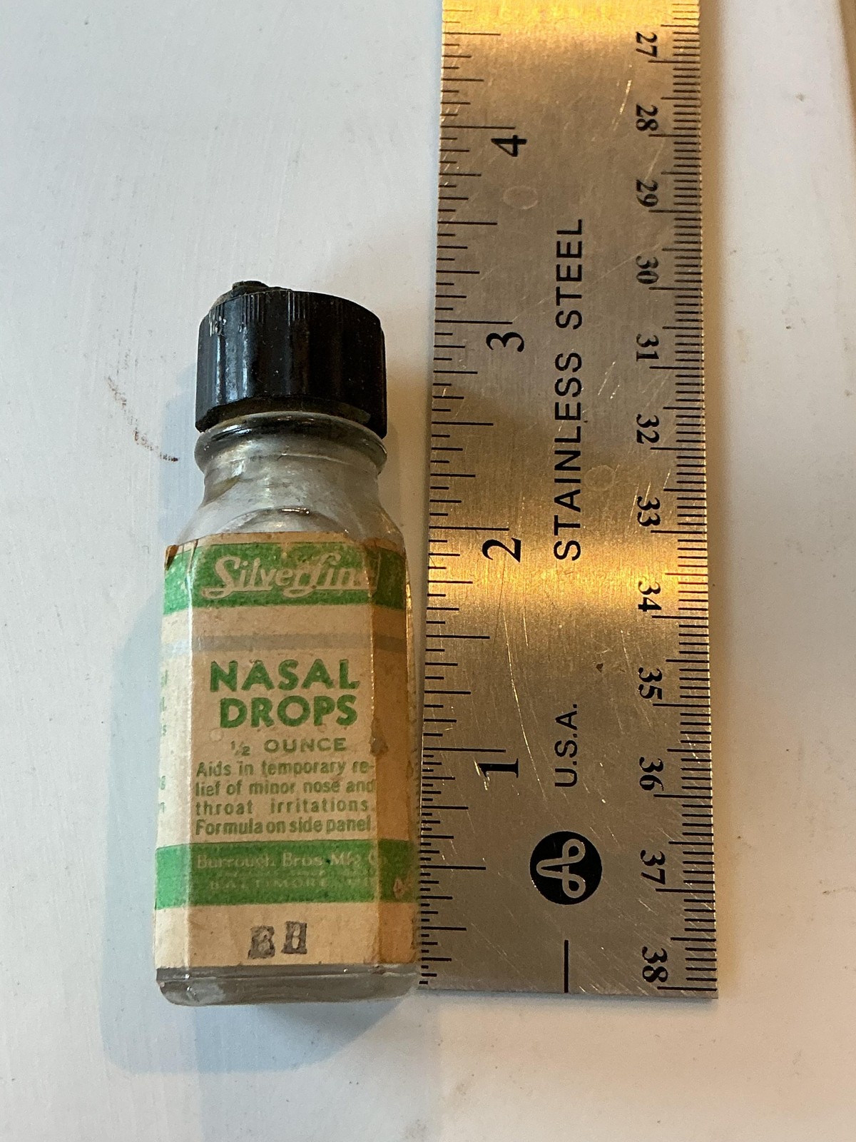 Vintage Silverfin Nasal Drops Bottle 1/2 Ounce Burrough Bros Baltimore USA