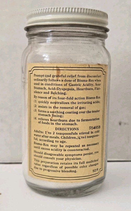 Vintage Bisma-Rex Calcium Carbonate Antacid Bottle And Box Mid 1900s