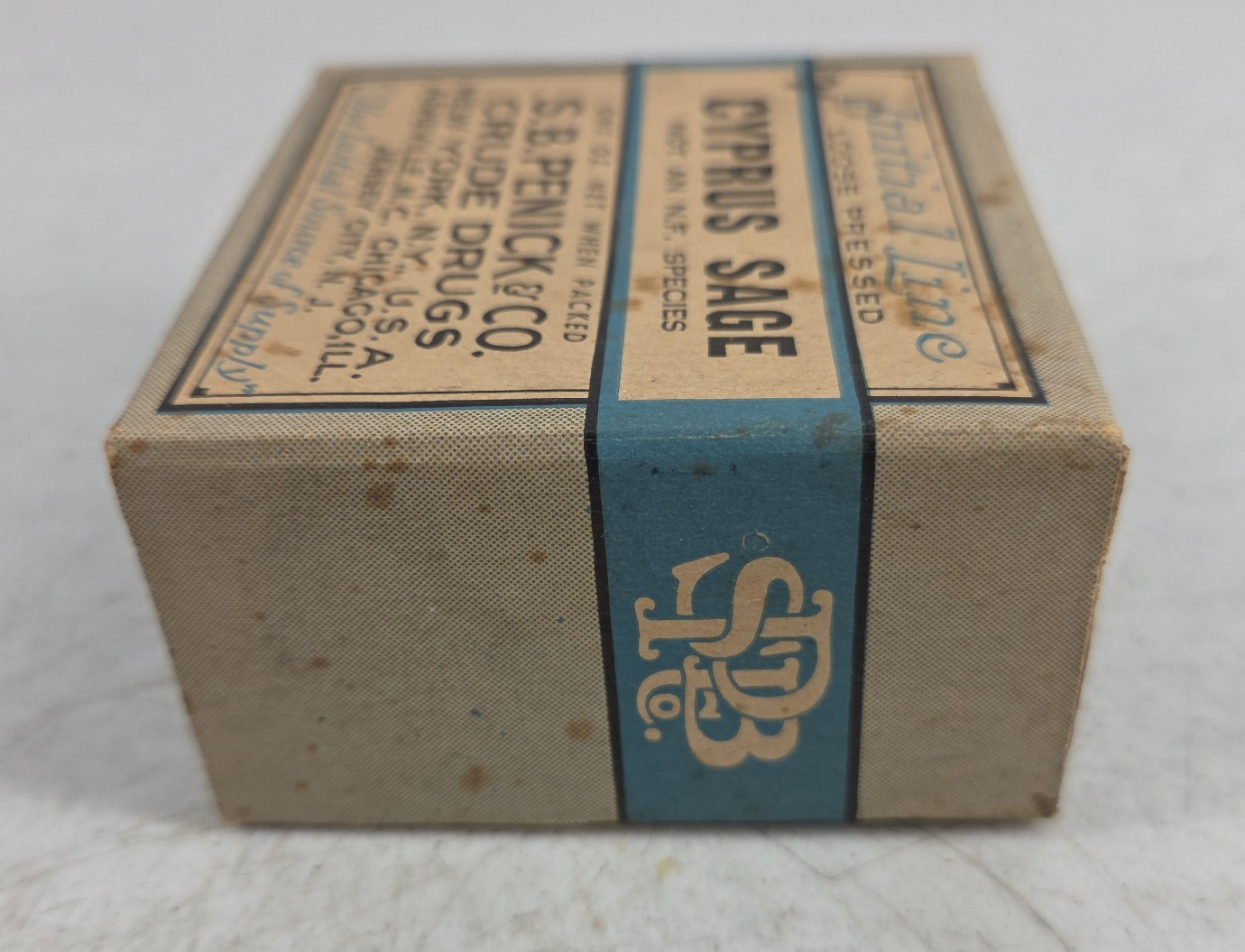 Antique Initial Line Cyprus Sage SB Penick Co Crude Drugs NY NOS Sealed Box