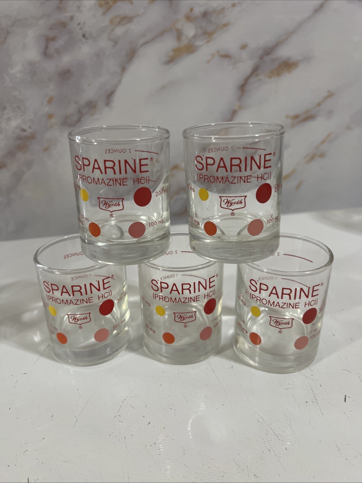 LOT OF 5 VINTAGE GLASS WYETH SPARINE MEASURING CUP 2 OZ Libbey Glass NICE