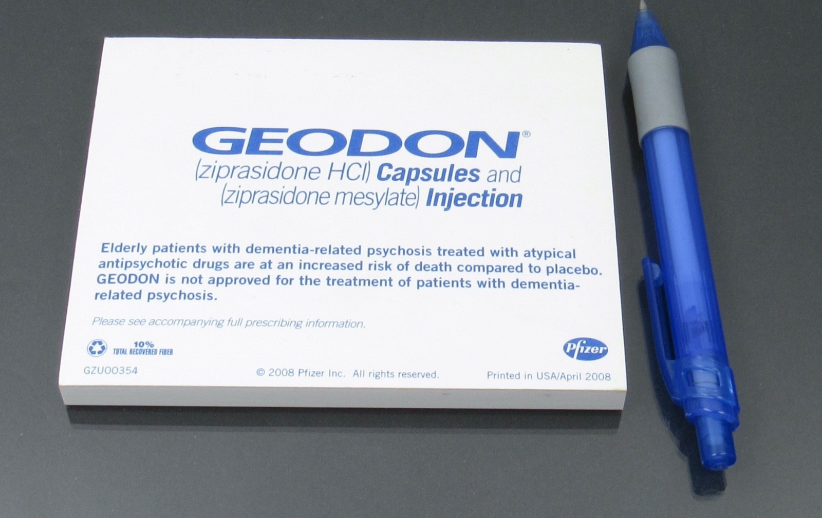 Pfizer Geodon Lot PEN, Sticky Pad Drug Rep Pharmaceutical Promo Advertising 2008