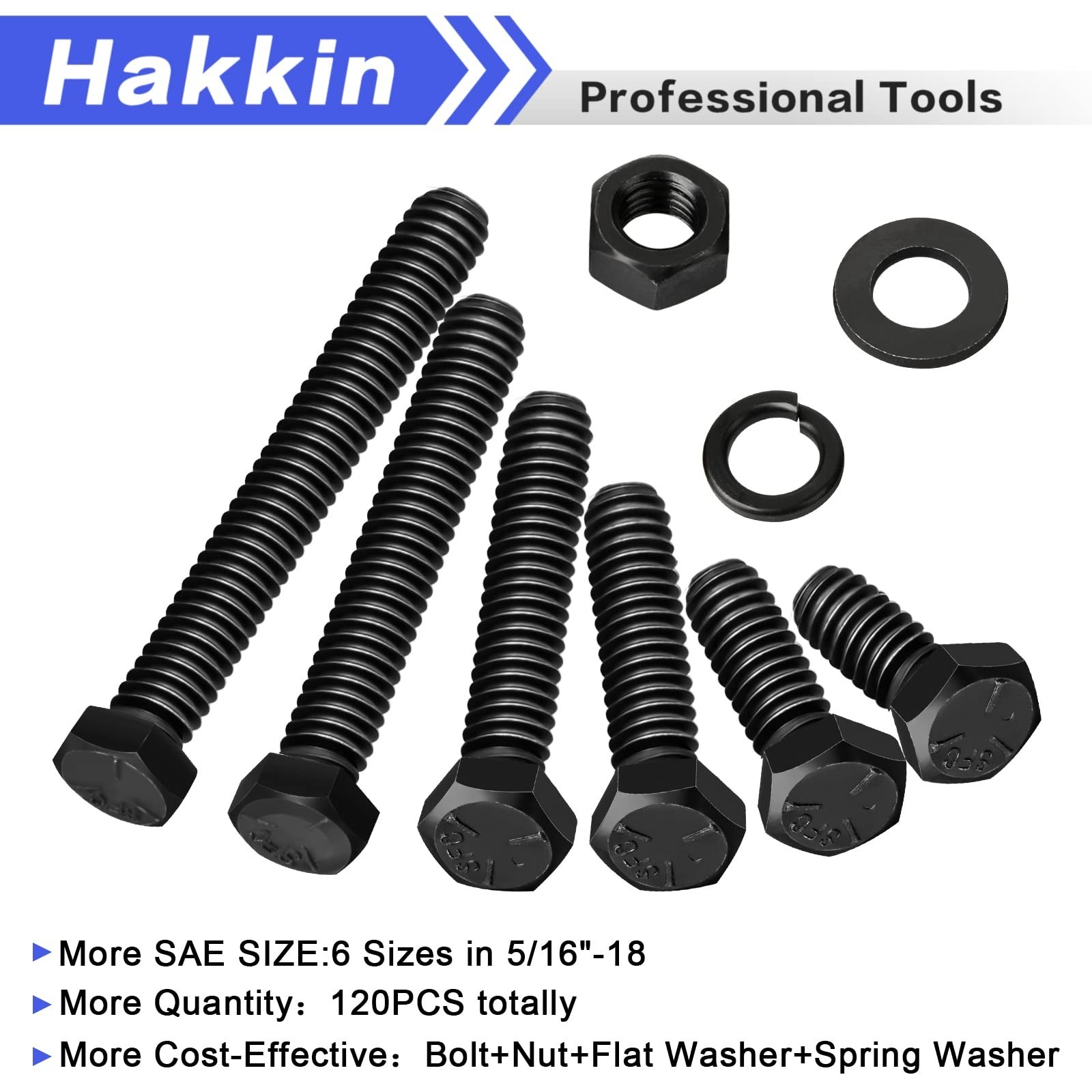 Hakkin 120PCS 5/16-18 Hex Bolts and Nuts Kit, Length 3/4″,1”,1-1/2″,2″,2-1