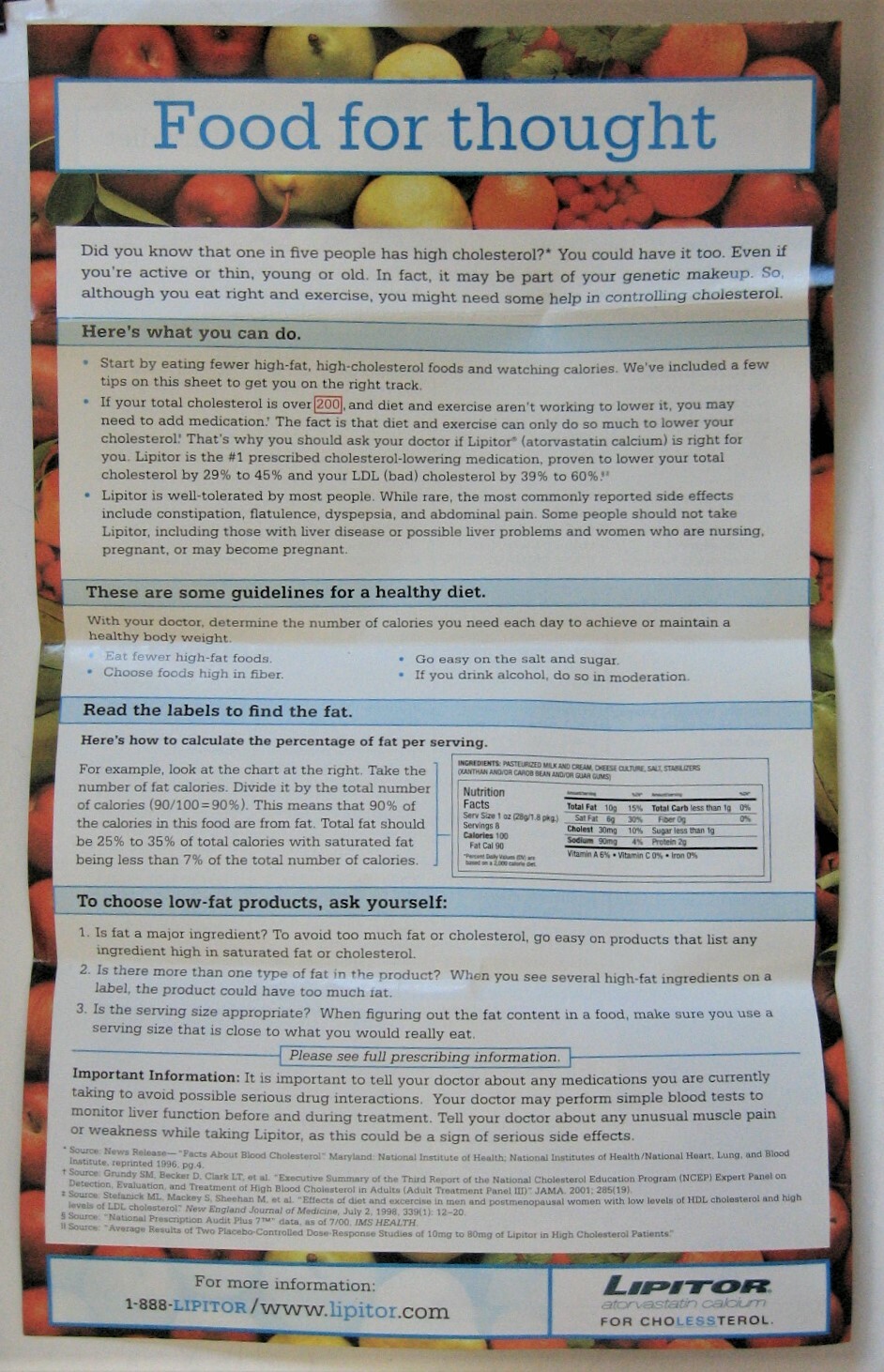 2001 Pfizer Lipitor Food For Thought Information Sheet