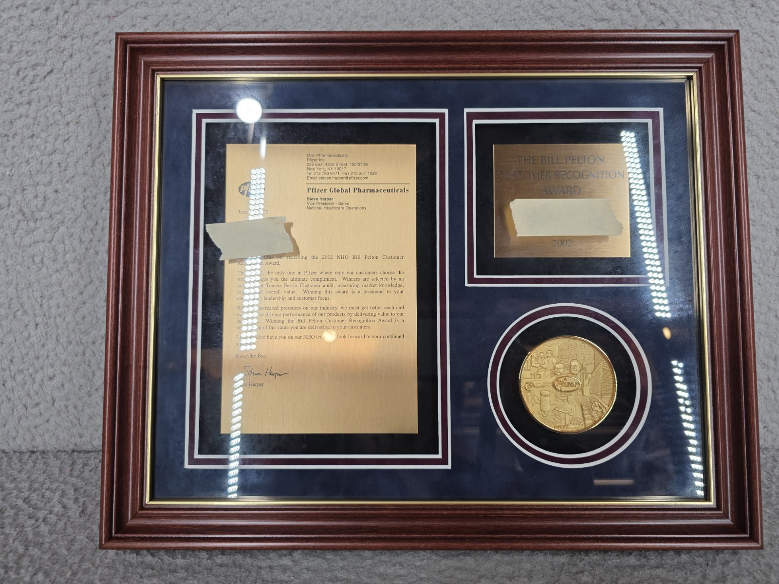 Pfizer Drug Company Framed Plaque Award Corporate Pharmaceutical Collectible