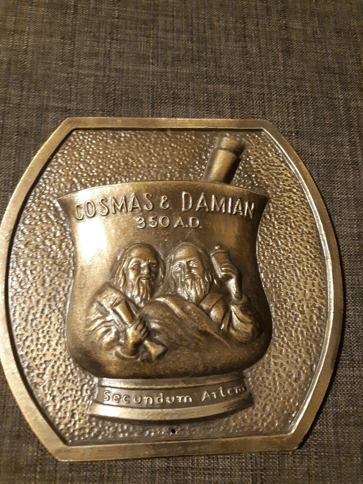 Vintage farmacutical standind plaque Secundum Artem RX Cosmas & Damian 350 A.D