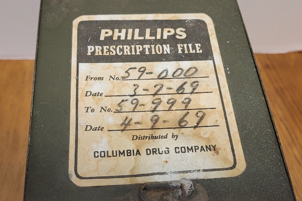 Vintage Phillips Prescription Metal File Box Columbia Drug Co