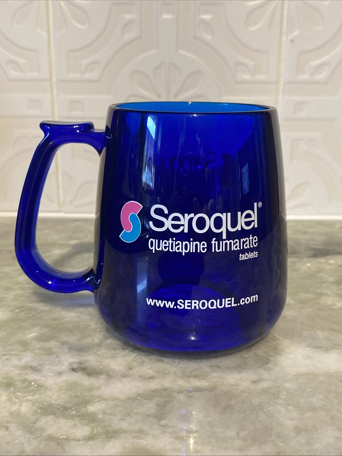 RARE Cobalt Blue Mug Seroquel Pharmaceutical Sales Rep Promotional Heavy Acrylic